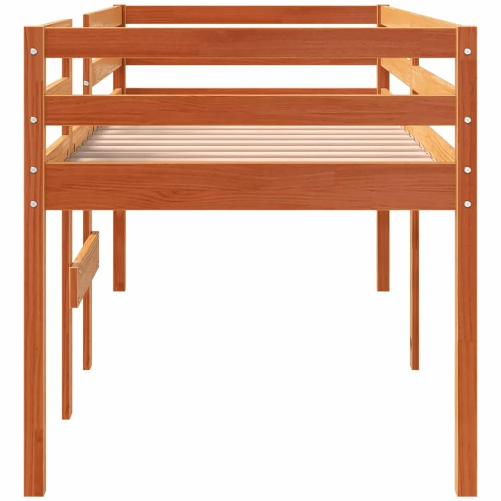 Cama alta marrón cera 80 x 200 cm madera maciza de pino, estructura de cama robusta para niños y jóvenes, mueble para dormitorio, diseño seguro con escalera