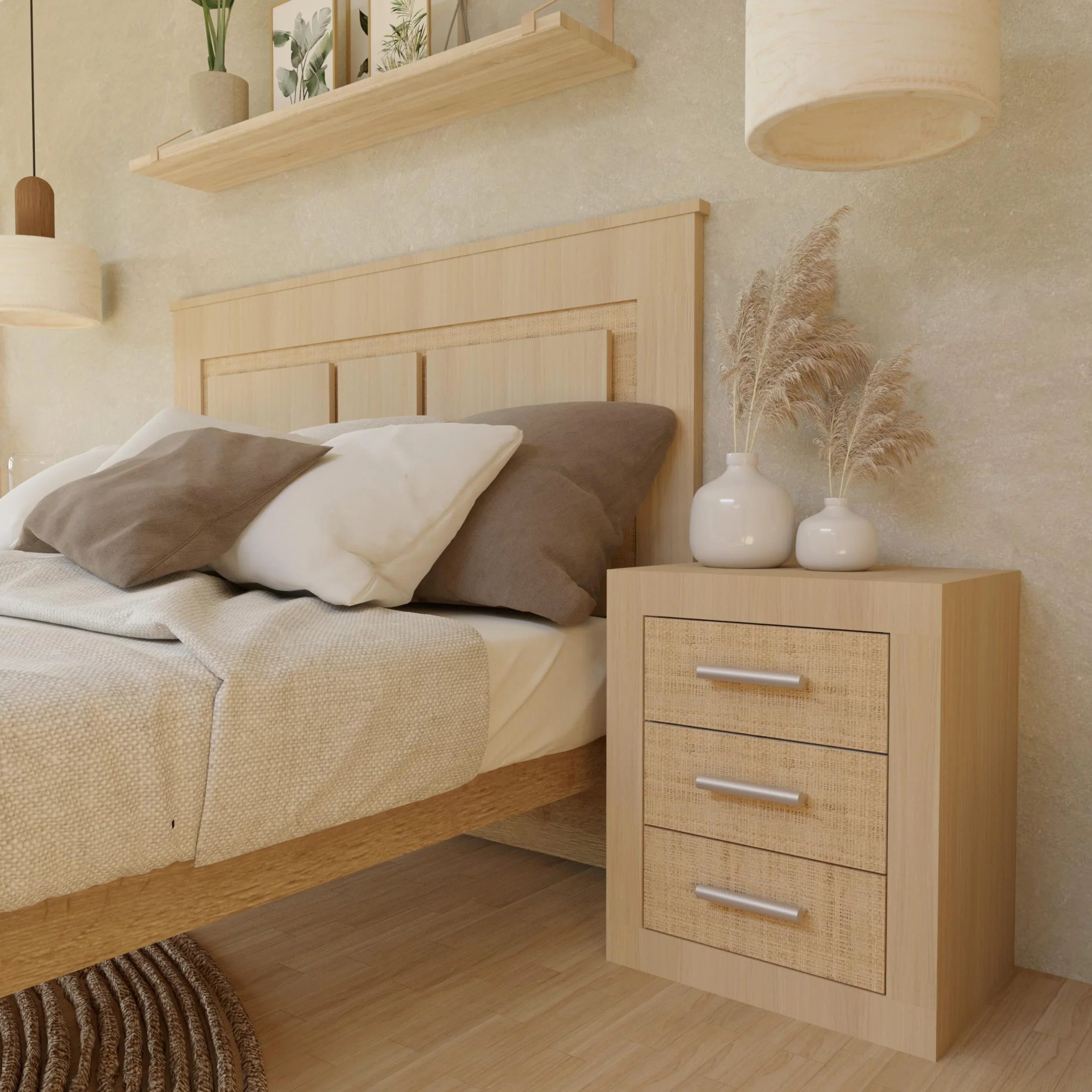 duehome | Mesita de Noche, Mesilla de Dormitorio, Modelo Kira, Acabado en Color Tofe y Textil, Medidas: 50 cm (Largo) x 34,6 cm (Fondo) x 60 cm (Alto)