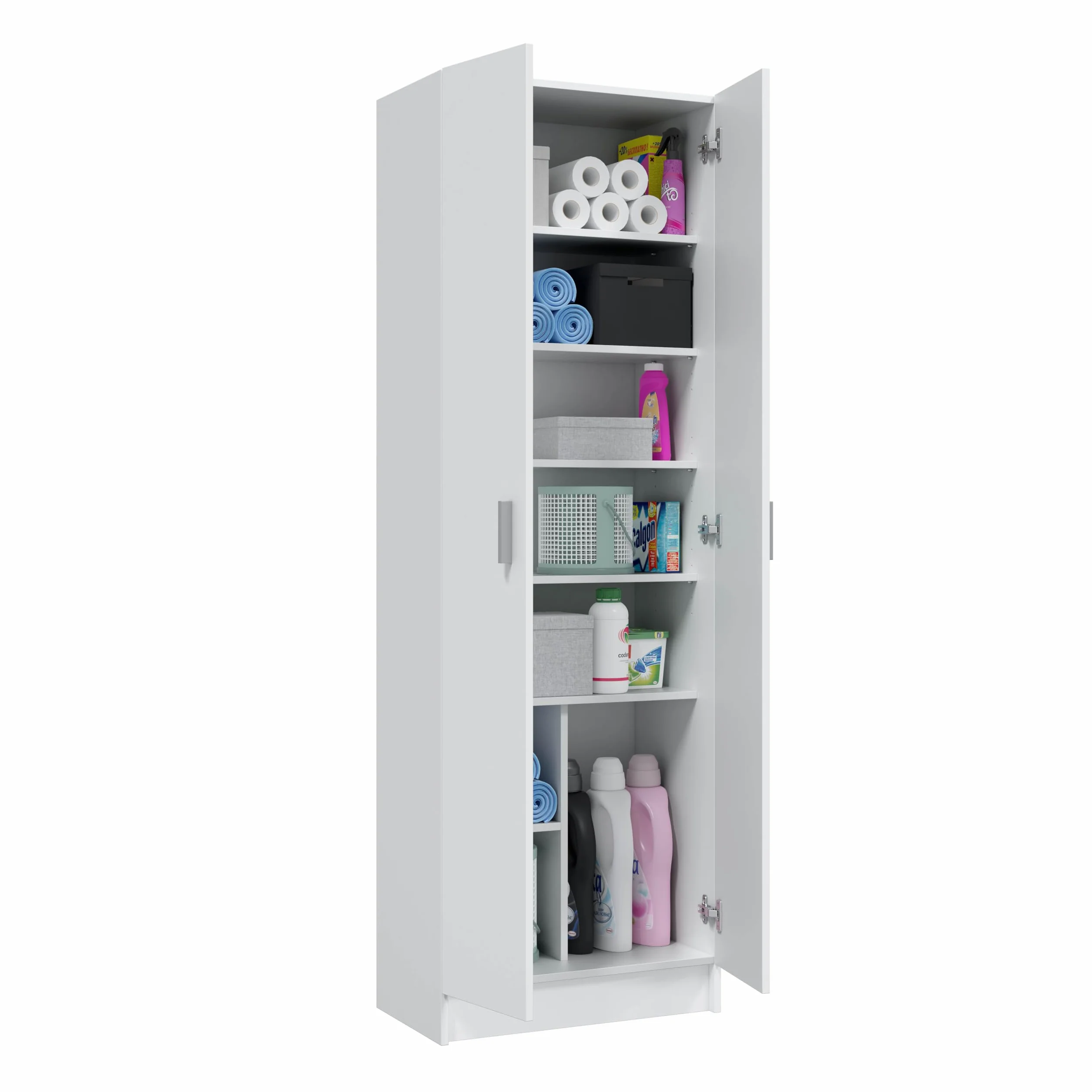 Habitdesign Armario Multiusos Adhara de 2 Puertas, Armario Auxiliar de Limpieza o Zapatero, Incluye 6 Estantes, Color Blanco Mate, Medidas: 180x59x37 cm