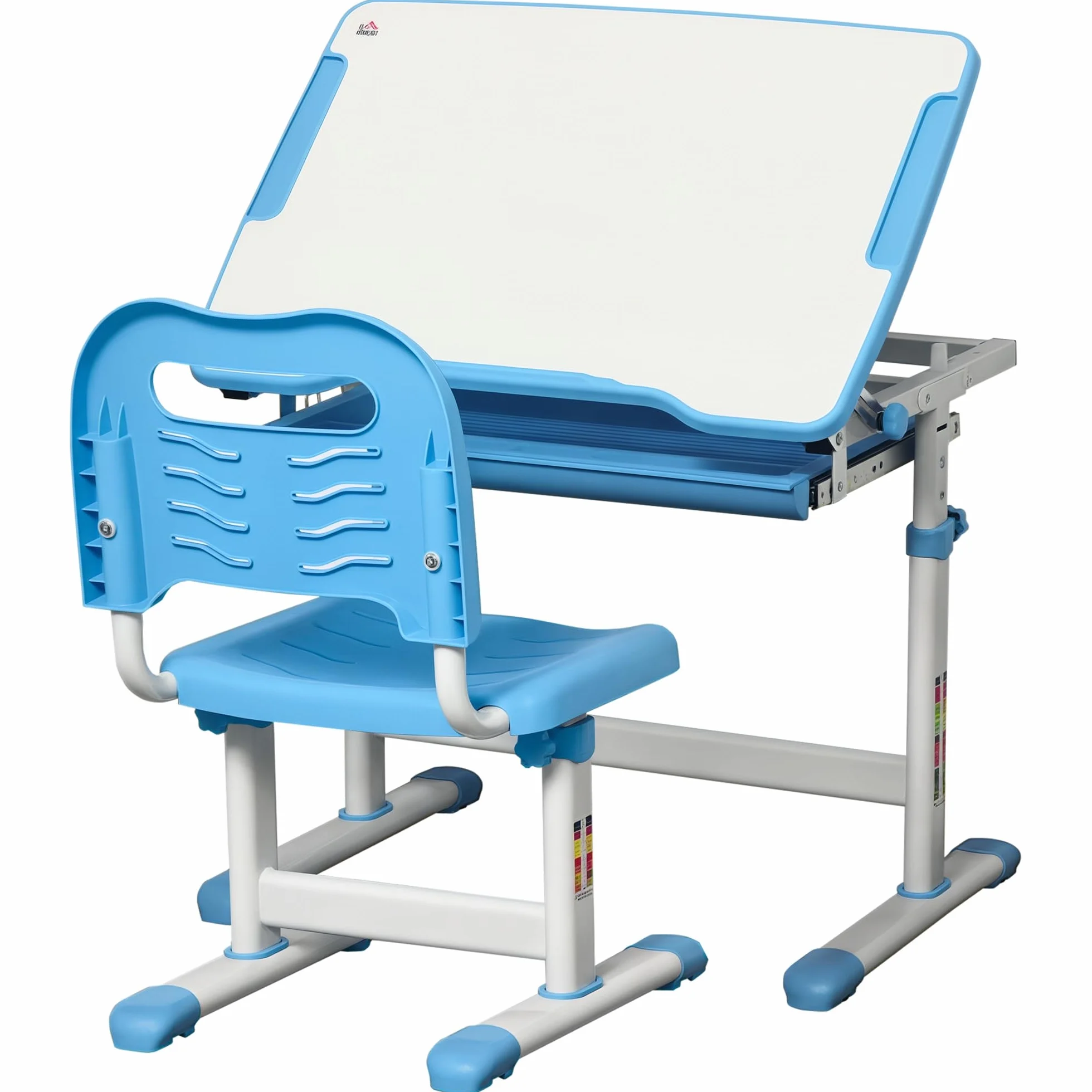 HOMCOM Pupitre Infantil 2 en 1 Escritorio y Silla Ajustable para Niños +6 Años Mesa Regulable Ángulo Bandeja Deslizante 66x47x77 cm Azul