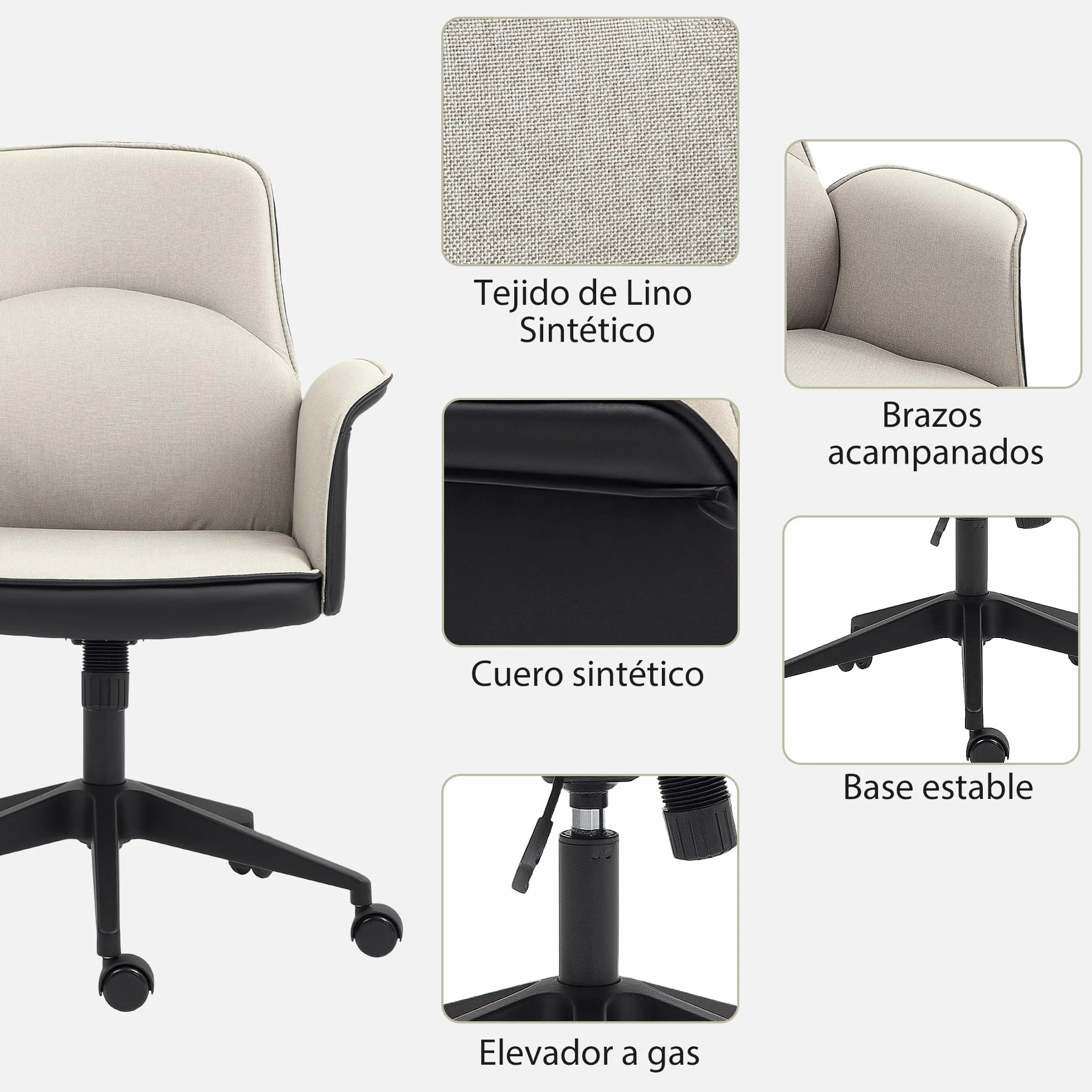HOMCOM Silla de Oficina Basculante Silla de Escritorio Giratoria Tapizada en PU y Lino Altura Ajustable Reposabrazos Silla de Estudio Carga 120 kg Beige y Negro