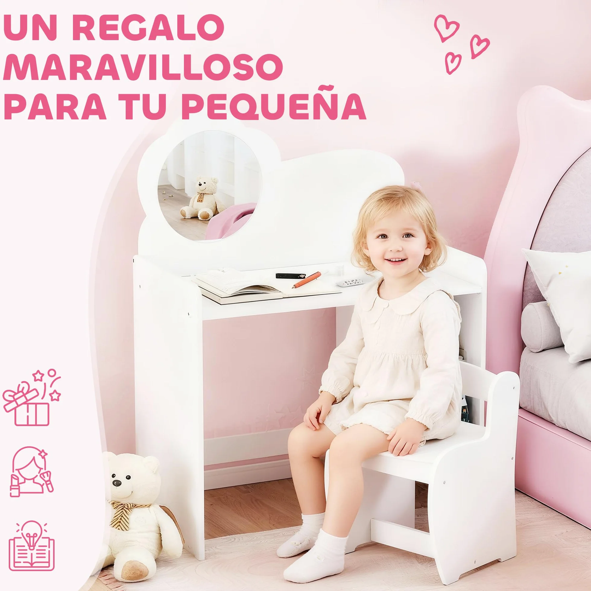 AIYAPLAY Tocador de Maquillaje Niña 2 en 1 Escritorio con Taburete Espejo Flor Estantes Abiertos Blanco
