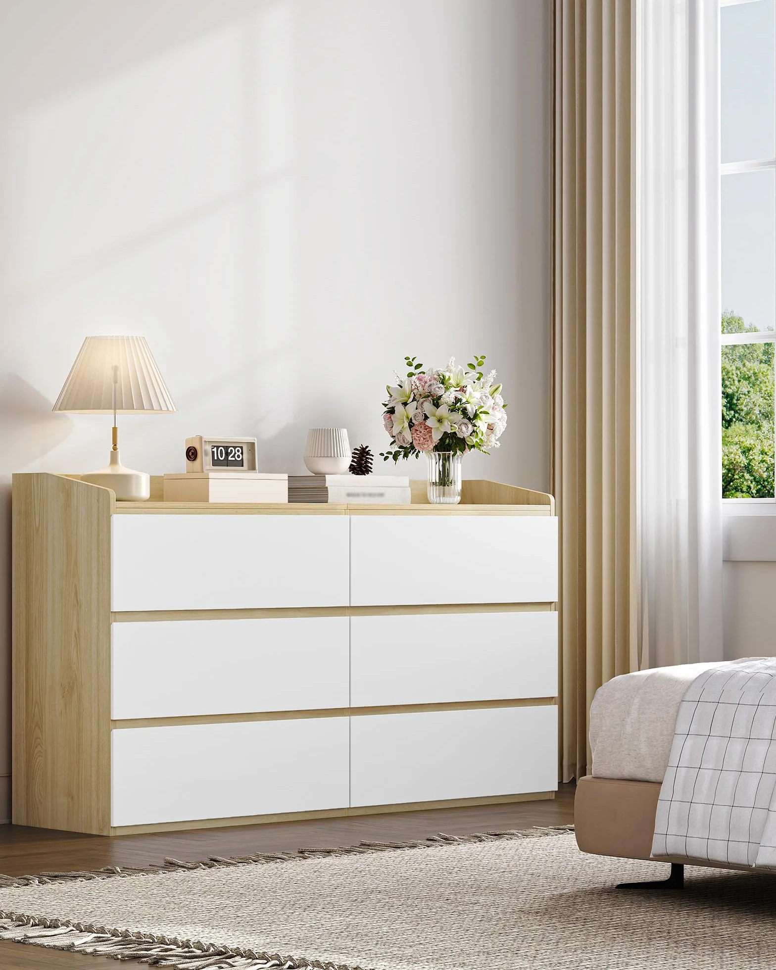 Hzuaneri Cómoda, Cajonera Dormitorio de 6 Cajones, Armario Auxiliar con Superficie de Trabajo, Estilo Moderno, para Salón, Dormitorio, Pasillo, 40 x 138 x 84 cm, Blanco-Roble DC32631X