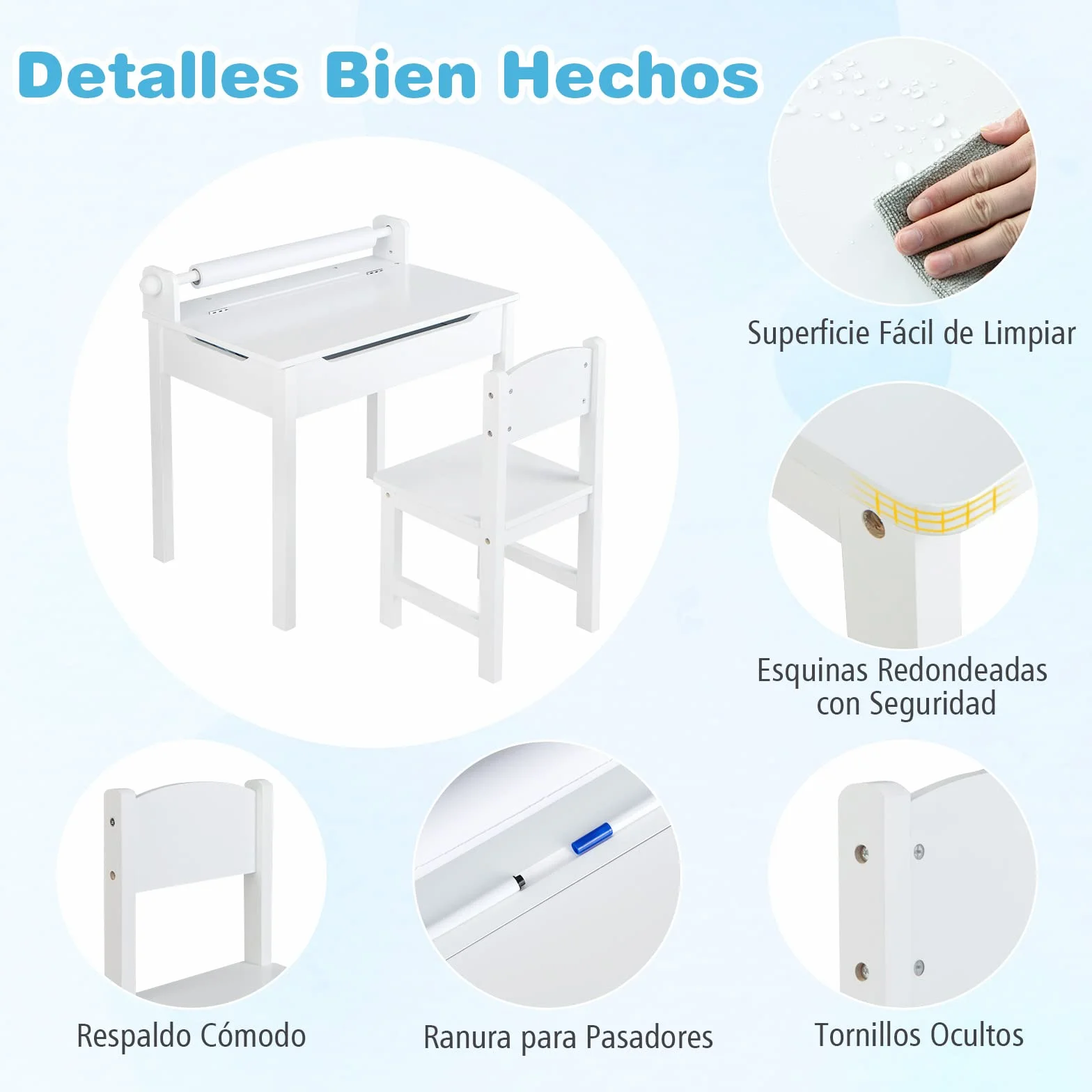 COSTWAY Juego de Mesa y Silla Infantil de Madera, Mesa de Actividades con Soporte para Rollo de Papel, Escritorio para Dibujar y Estudiar (Blanco)