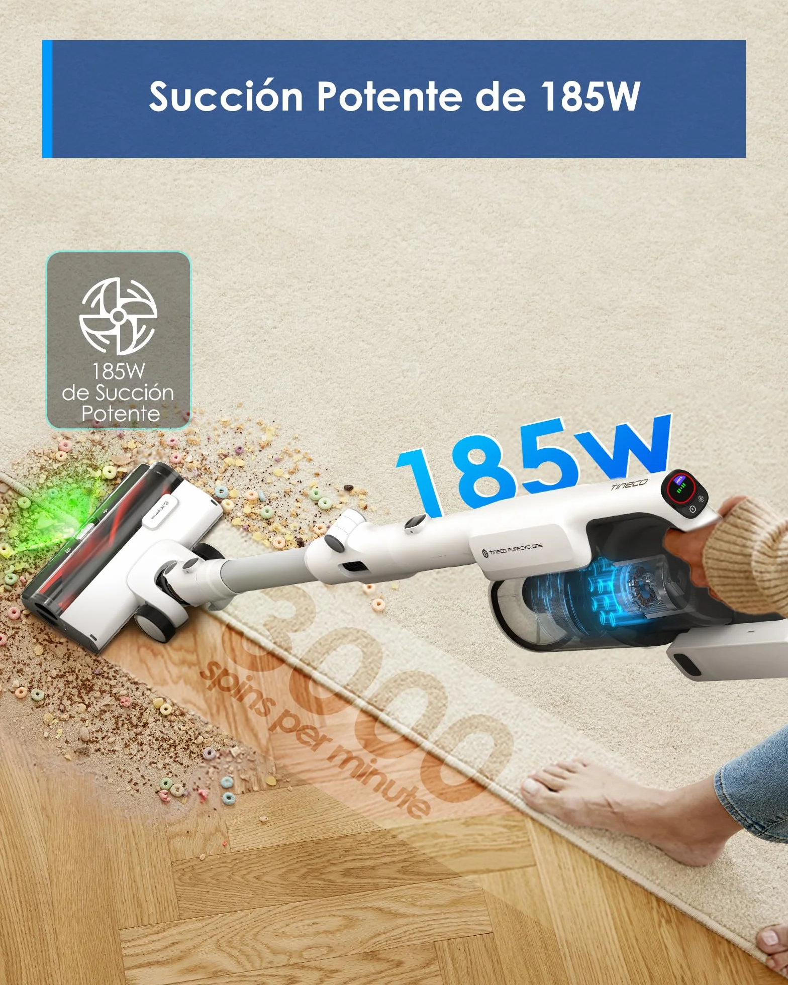 Tineco Pure One A50S Plus Aspiradora de Mano Sin Cable, 185W de Succión | Hasta 70Min de Autonomía, Contenedor de Basura Más Grande de 1L, Cepillo 3DSense, ZeroTangle