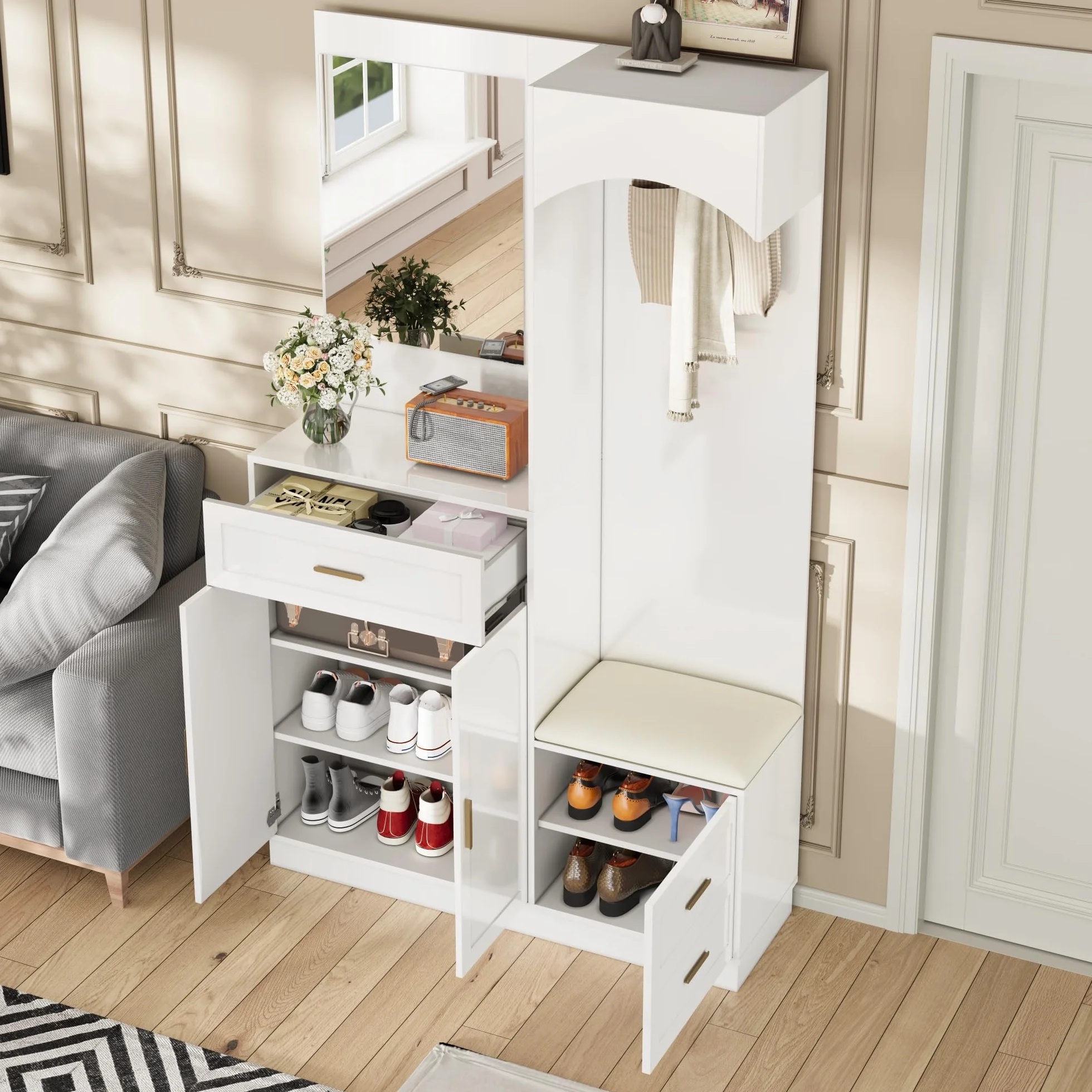 LAKFEW Juego de Perchero Moderno, Recibidores de Entrada con Espejo y Asiento, Conjunto de Perchero Entrada Recibidor Mueble Recibidor con Cajón y 3 Puertas, Percheros, 110x33x185.5 cm, Blanco
