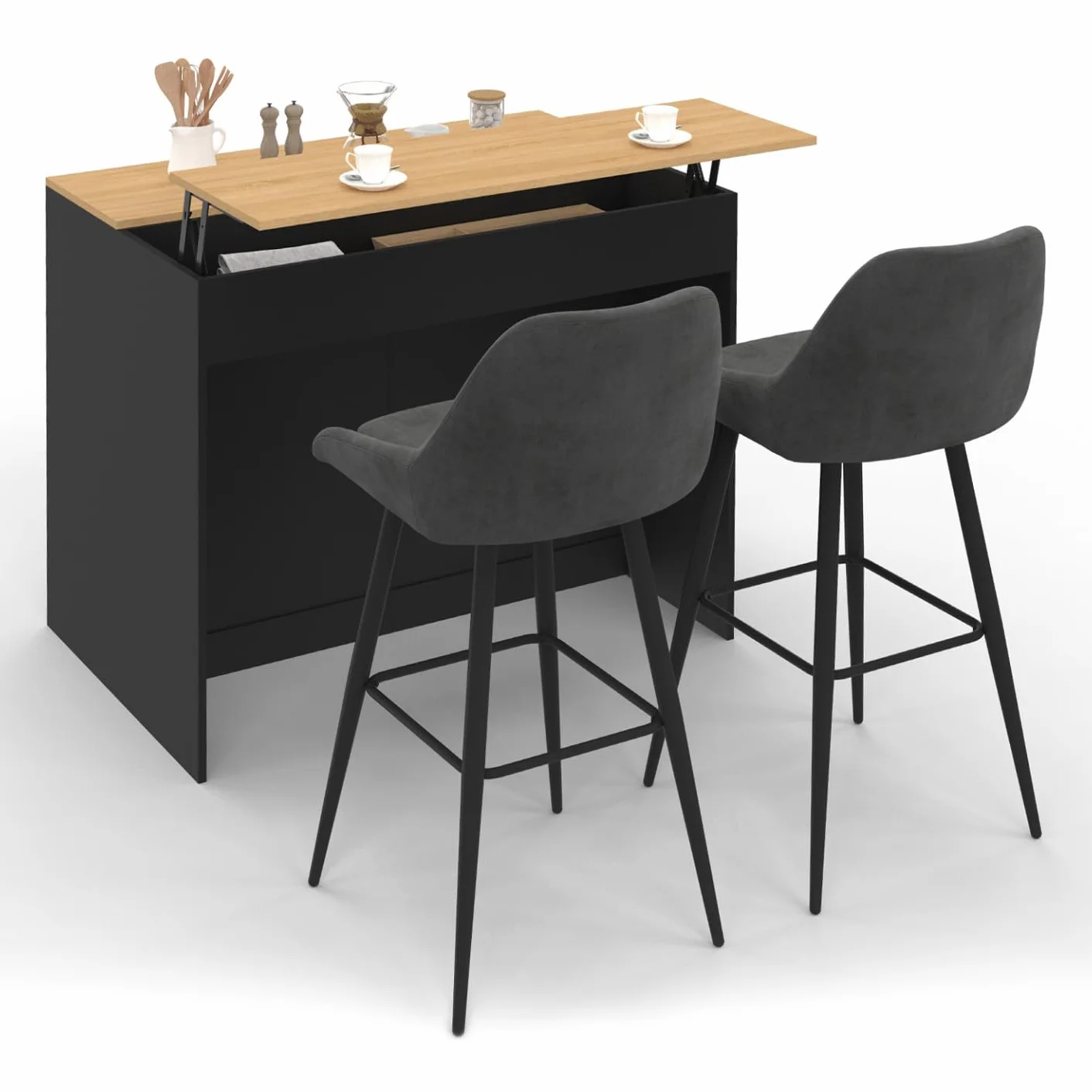 IDMarket Ilot Central Cesar 110 cm con estante elevable rectangular madera negra y forma haya