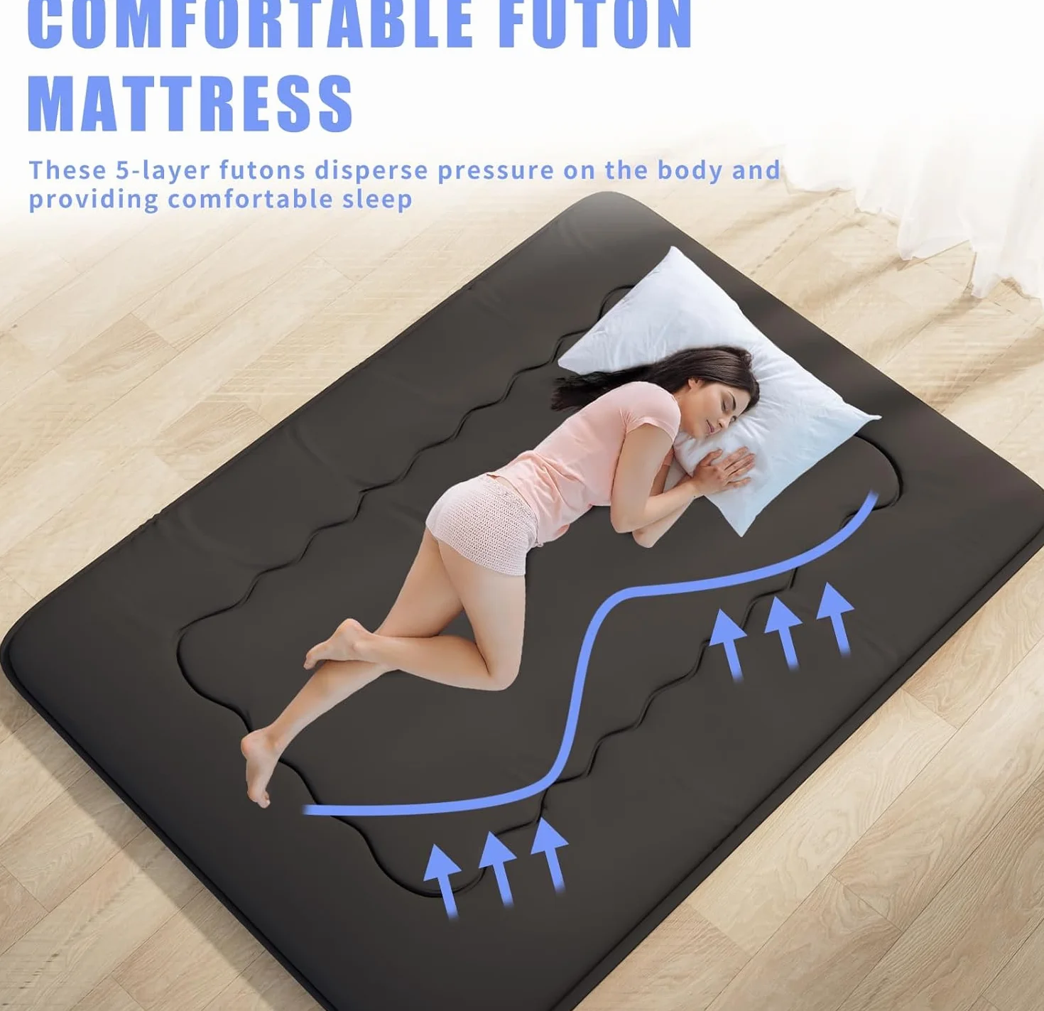 Kiseely Colchón de futón japonés, tapete de tatami plegable portátil con bolsa y correa, colchón enrollable para dormir grueso en el suelo (negro VB1, 90 x 200 cm)