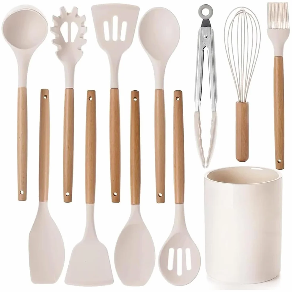 Juego de espátulas de Olla de Silicona de 12 Piezas con Mango de Madera, Cuchara, espátula, Utensilios de Cocina, Resistente al Calor, Recubrimiento Antiadherente