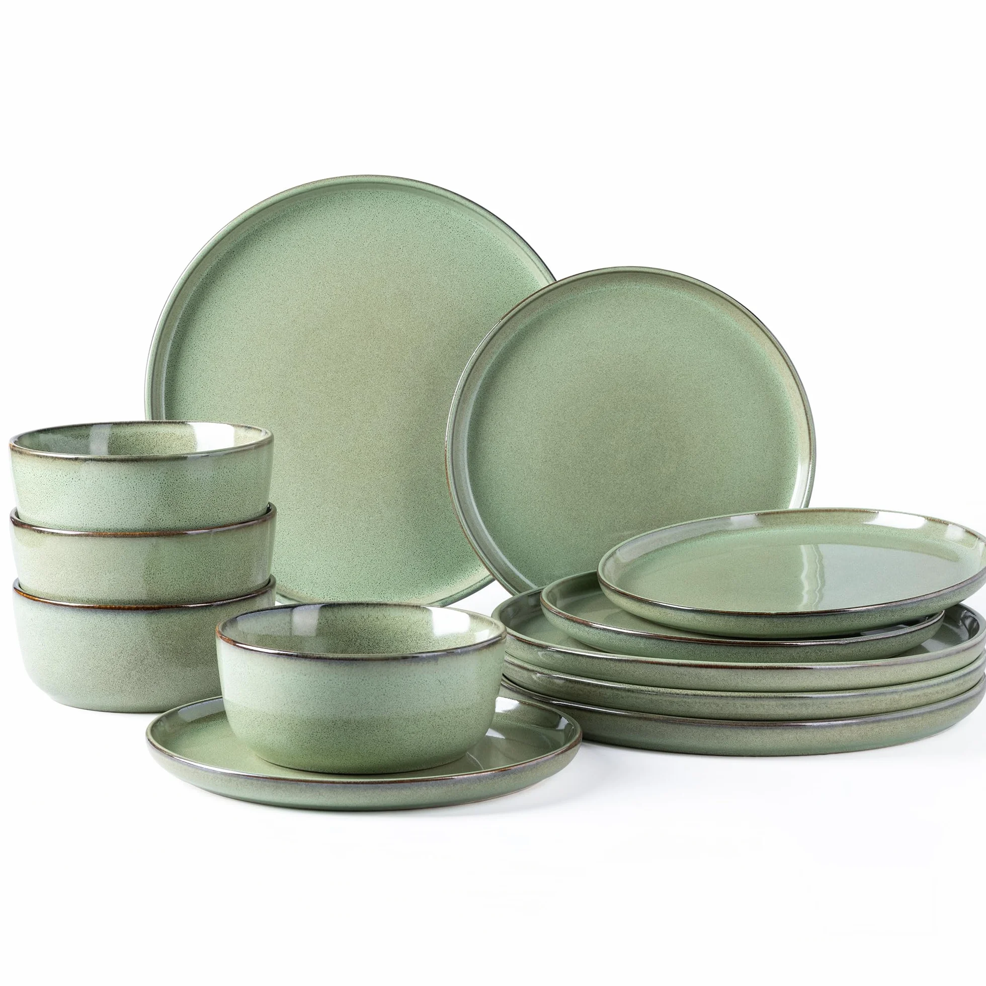 GBhome GDW067GN-EU - Vajilla para 4 personas, 12 piezas, esmaltado de loza, apto para microondas y lavavajillas, color verde pastel