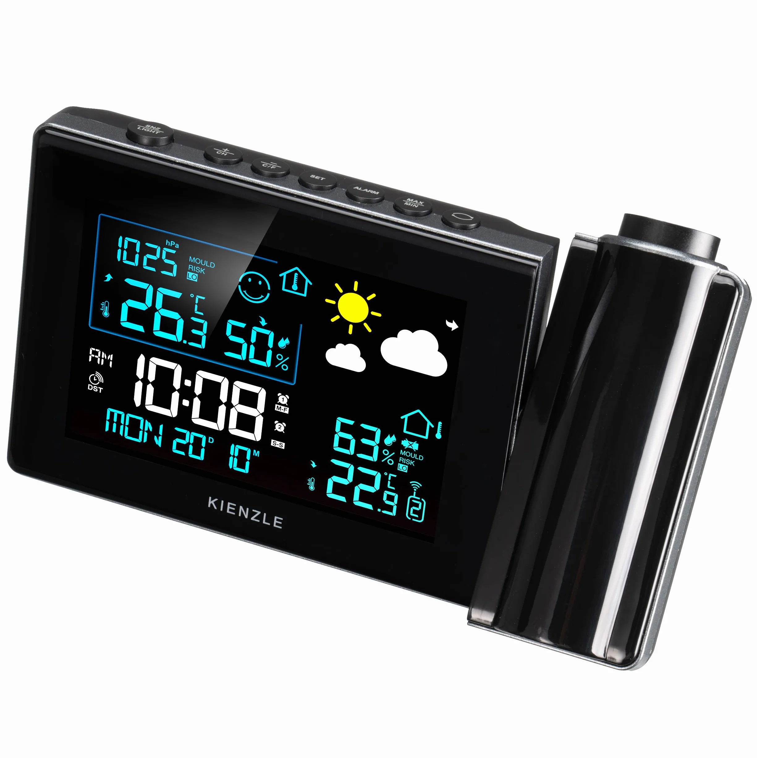 Estación meteorológica por radio Kienzle con proyección, pantalla a color, sensor exterior, alerta moho, 2 alarmas