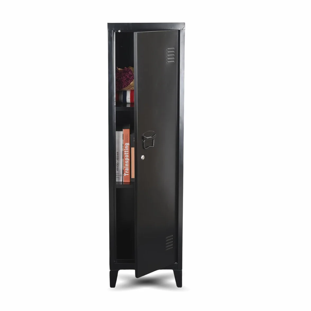 FurnitureR Almacenamiento Carpetas con Cerradura, Armario de Metal, Todo en Hierro, con Puertas Planas, 3 Compartimentos Grandes, para Garaje, Oficina, Color Negro, 38.5 x 38.5 x 137.5cm