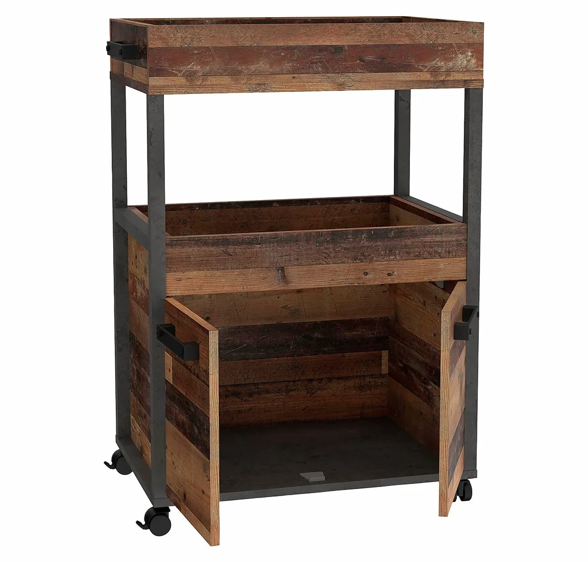 Benji - Mueble bar con 2 puertas y 2 bandejas de almacenamiento, patas sobre ruedas, madera antigua, hormigón oscuro