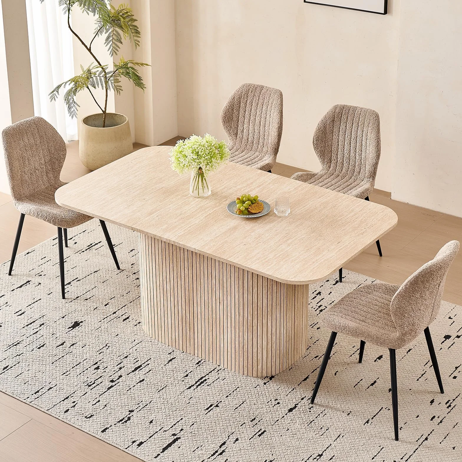 Mesa de Comedor Rectangular, Mesa de Cocina de 160 x 90 x 75 cm, con Capacidad para 4 a 6 Personas, Apta para Sala de Estar, Cocina y Comedor, Acabado en Travertino Amarillo
