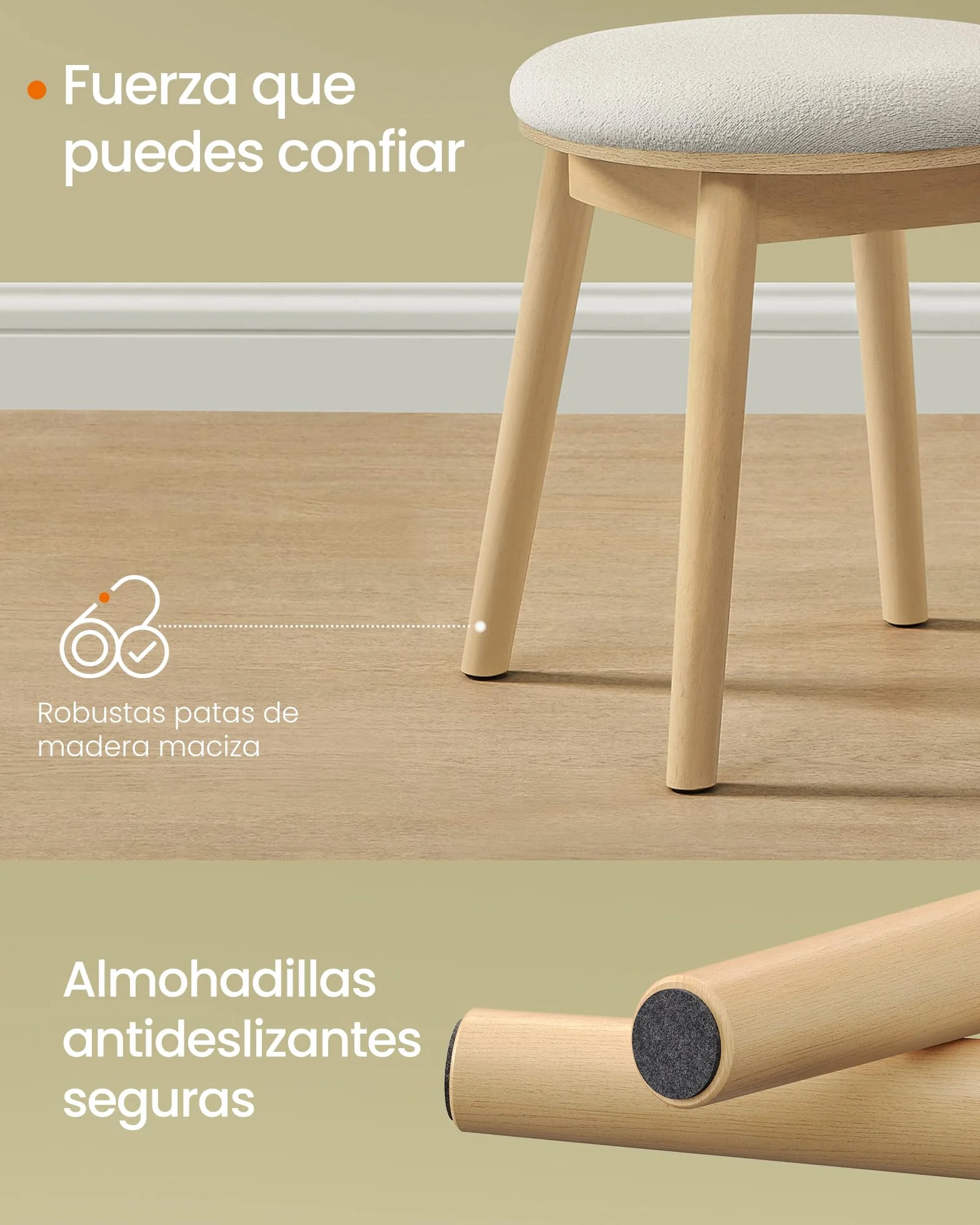 SONGMICS HOME BOHOVEN Colección - Taburete de Tocador, Taburete Tapizado con Patas de Madera Maciza, Reposapiés Redondo, Almohadillas Pies, Estilo Bohemio, para Dormitorio, Blanco Crema y Beige Roble