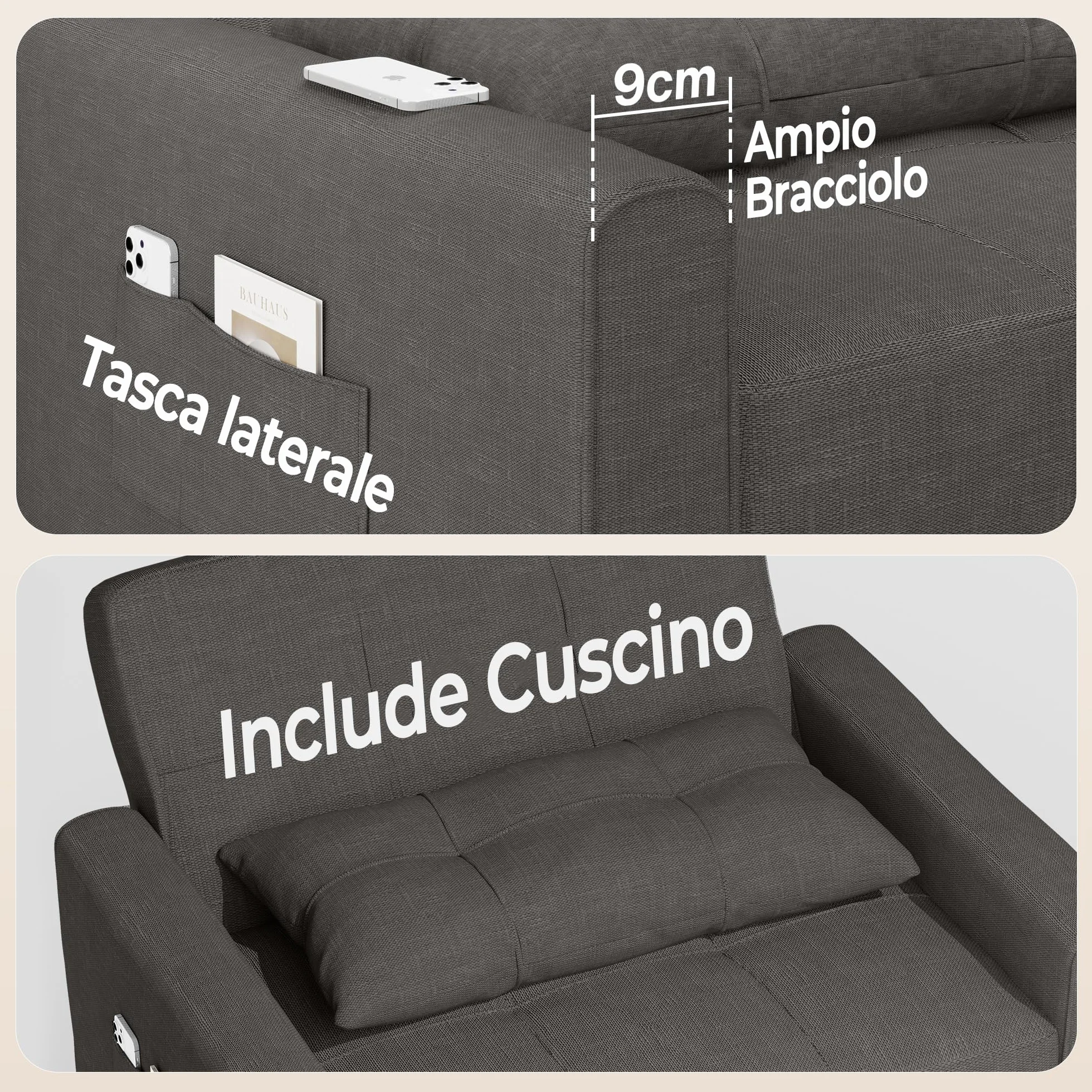 Bealife Sillón Relajante, sillón Cama con Respaldo Ajustable, sillón Cama Individual, sillón reclinable para salón, Dormitorio, balcón y Oficina(Gris Oscuro) (Dark Grey)