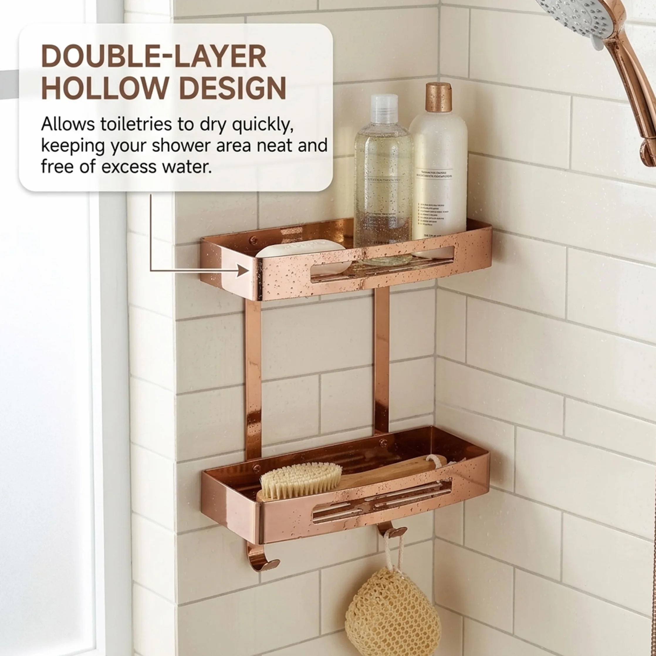 Estante esquinero para baño, carrito de ducha de doble nivel, organizador de pared adhesivo de acero inoxidable 304 con ganchos, oro rosa sin taladro