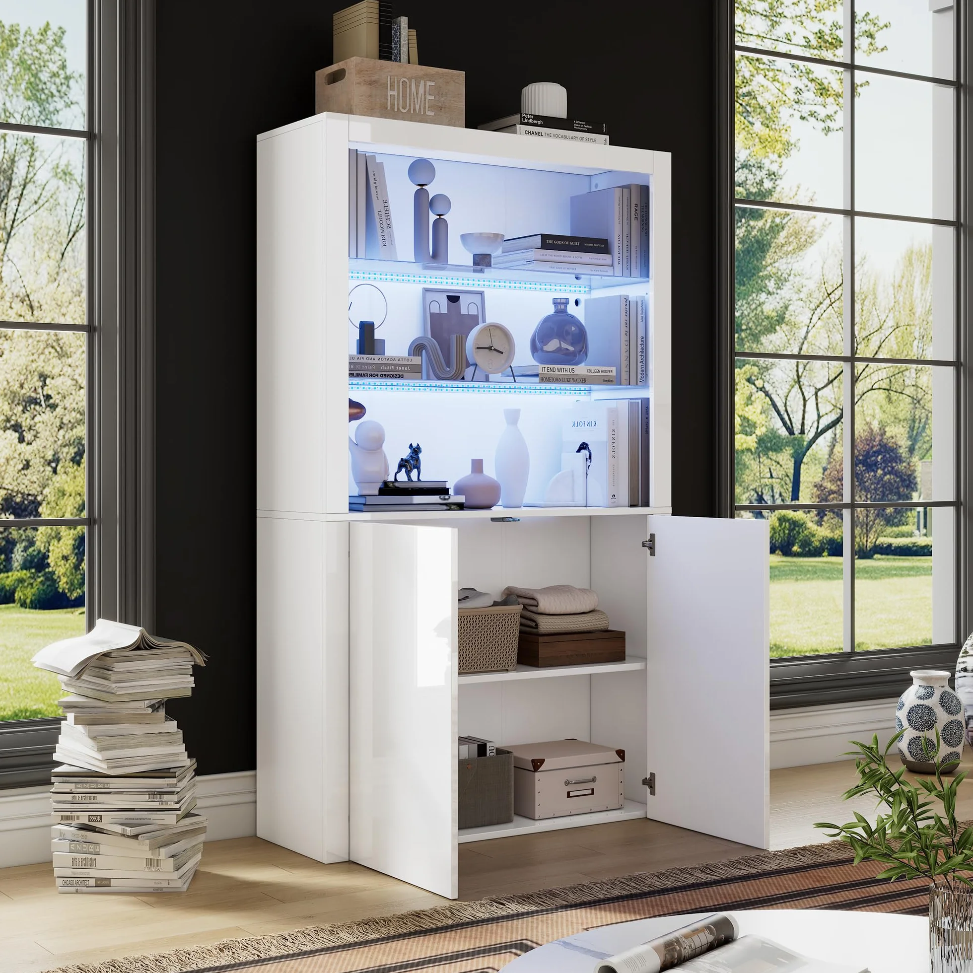 Vitrina Cristal Vitrina Salon con Luces LED y Separadores de Cristal, Vitrina Expositora con 2 Puertas, Armario de Colección Moderno, Armario Alto Multifunción, Vitrinas, 100x35x170 cm, Blanco