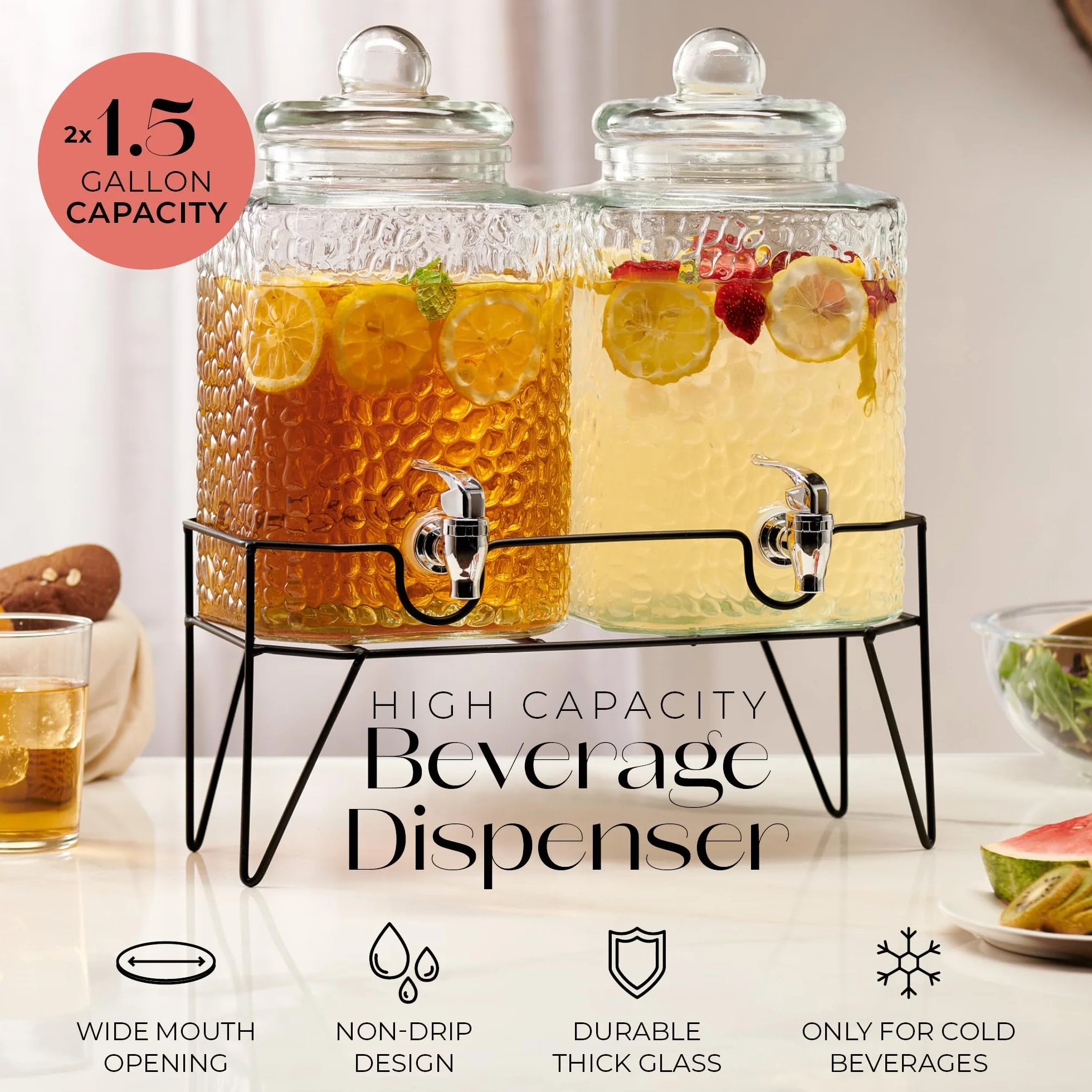 Style Setter 210266-RB 1.5 galones cada vaso dispensador de bebidas con soporte de metal (juego de 2), transparente