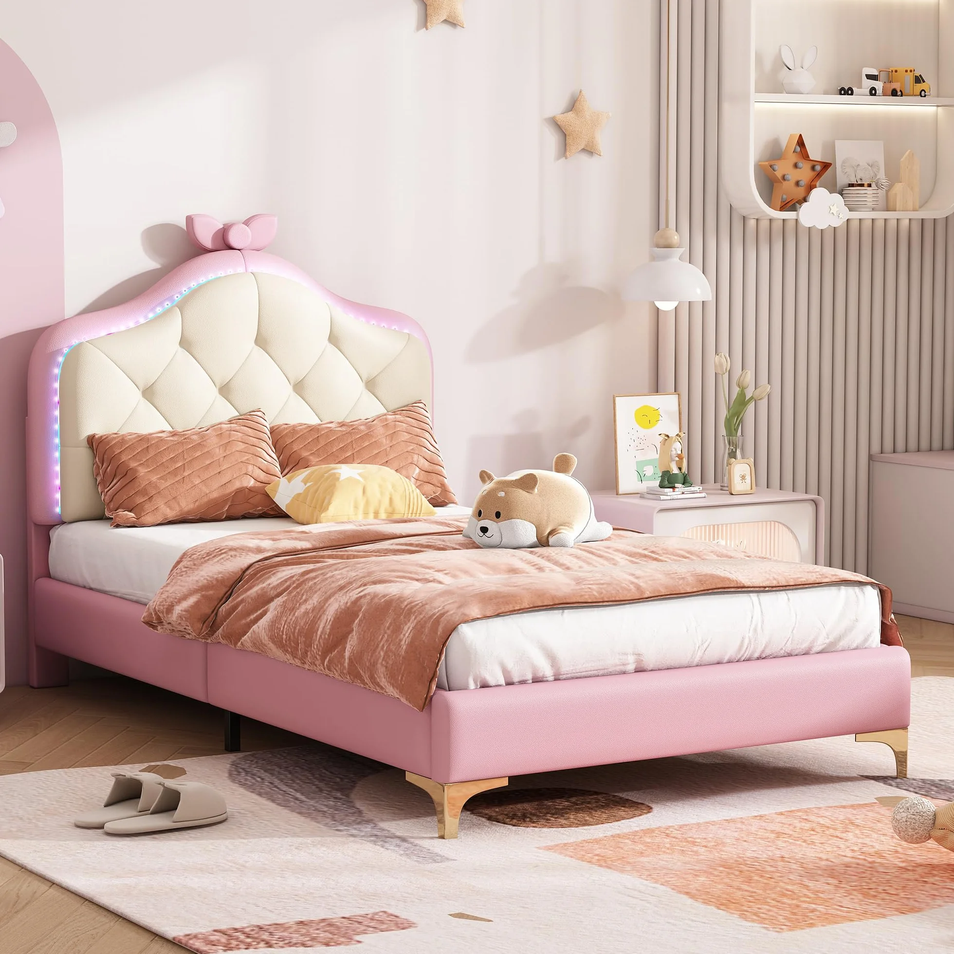 Cama tapizada mágica de princesa: rosa y blanco, 90 x 200 cm, cabecero con forma de nube con lazo y tiras LED, piel sintética, cama individual para niñas, ideal para habitación infantil con somier de