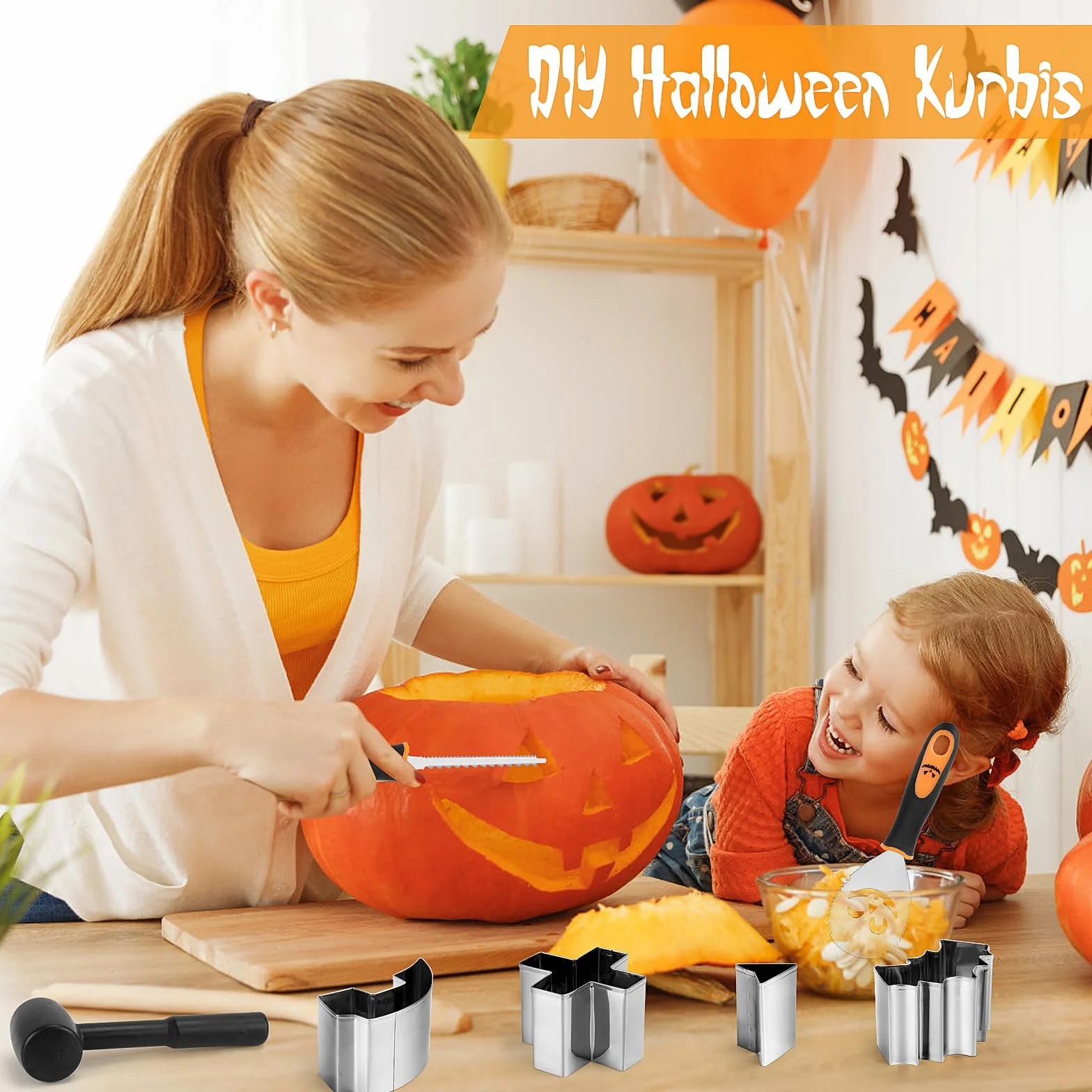 Meetory Juego de 13 piezas para tallar calabaza de Halloween, kit de acero inoxidable con plantillas