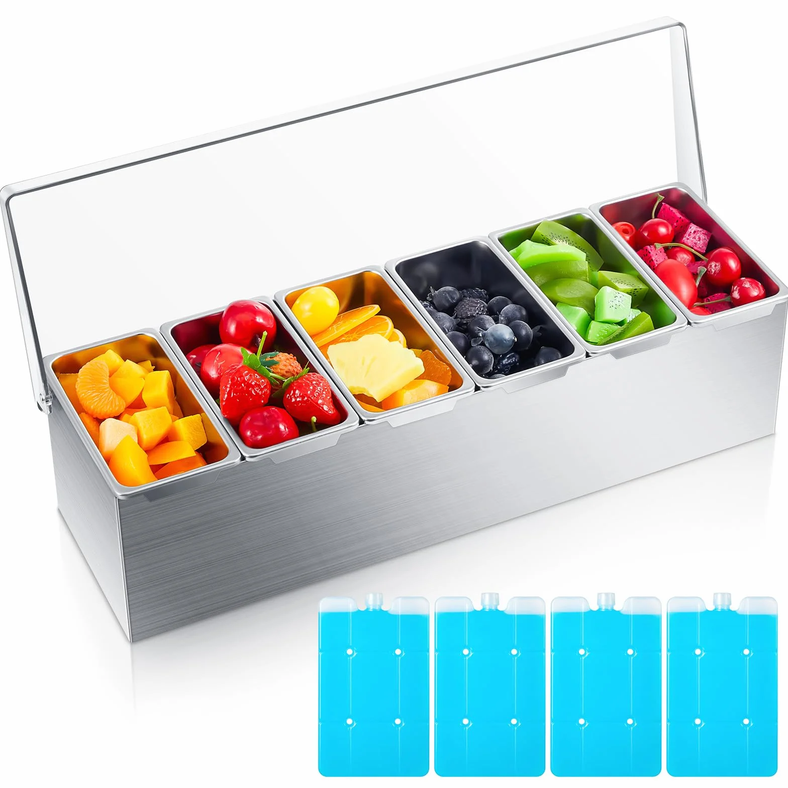Boao Dispensador de condimentos de acero inoxidable con tapa e inferior, bandeja de condimentos de acero inoxidable de 6 ranuras, bandeja de guarnición enfriada por hielo con 4 cajas de hielo para