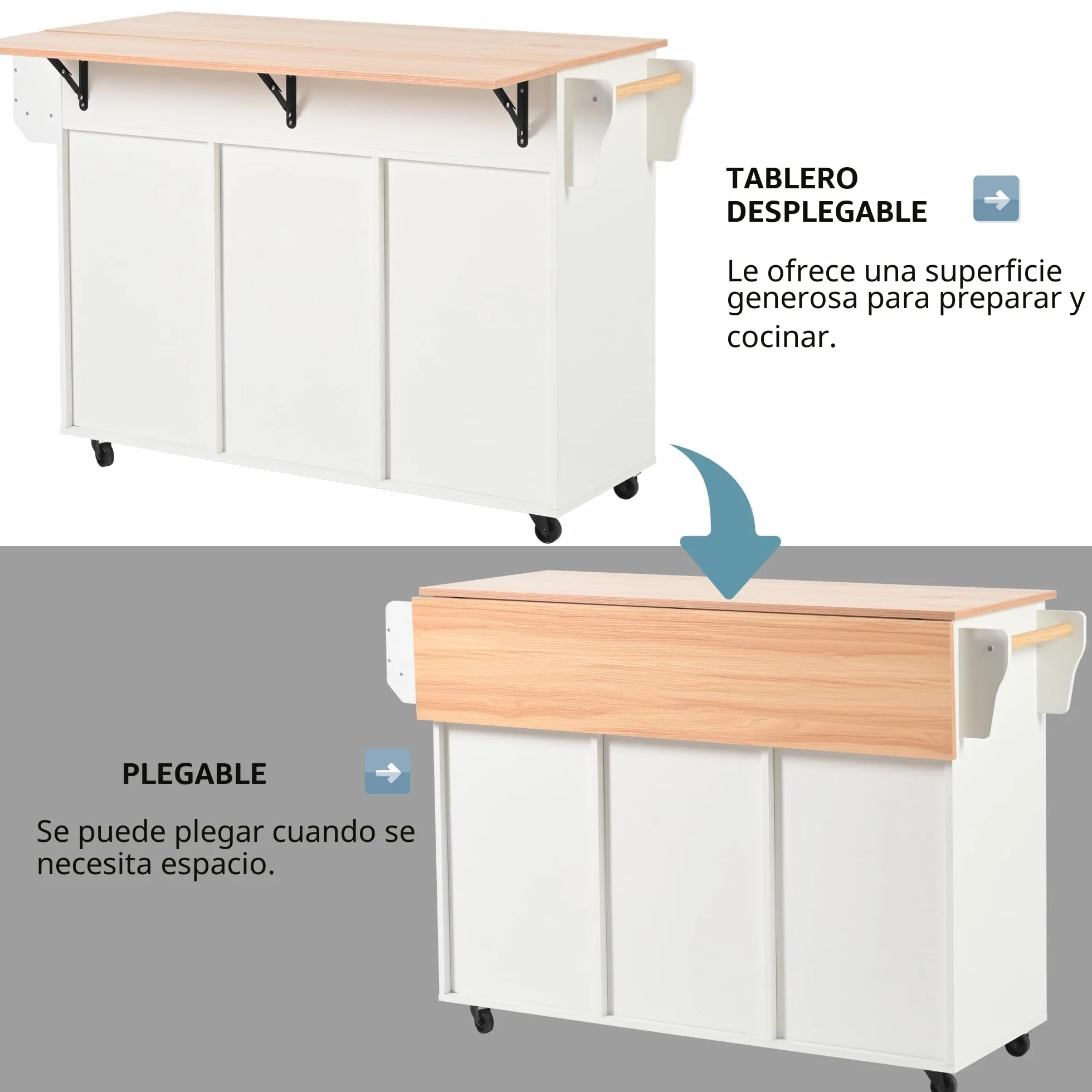 Isla de cocina con superficie de trabajo abatible, isla de cocina móvil con carro de servir sobre ruedas con 3 cajones/2 compartimento cerrado/patas intercambiables de madera maciza, 129x46(71