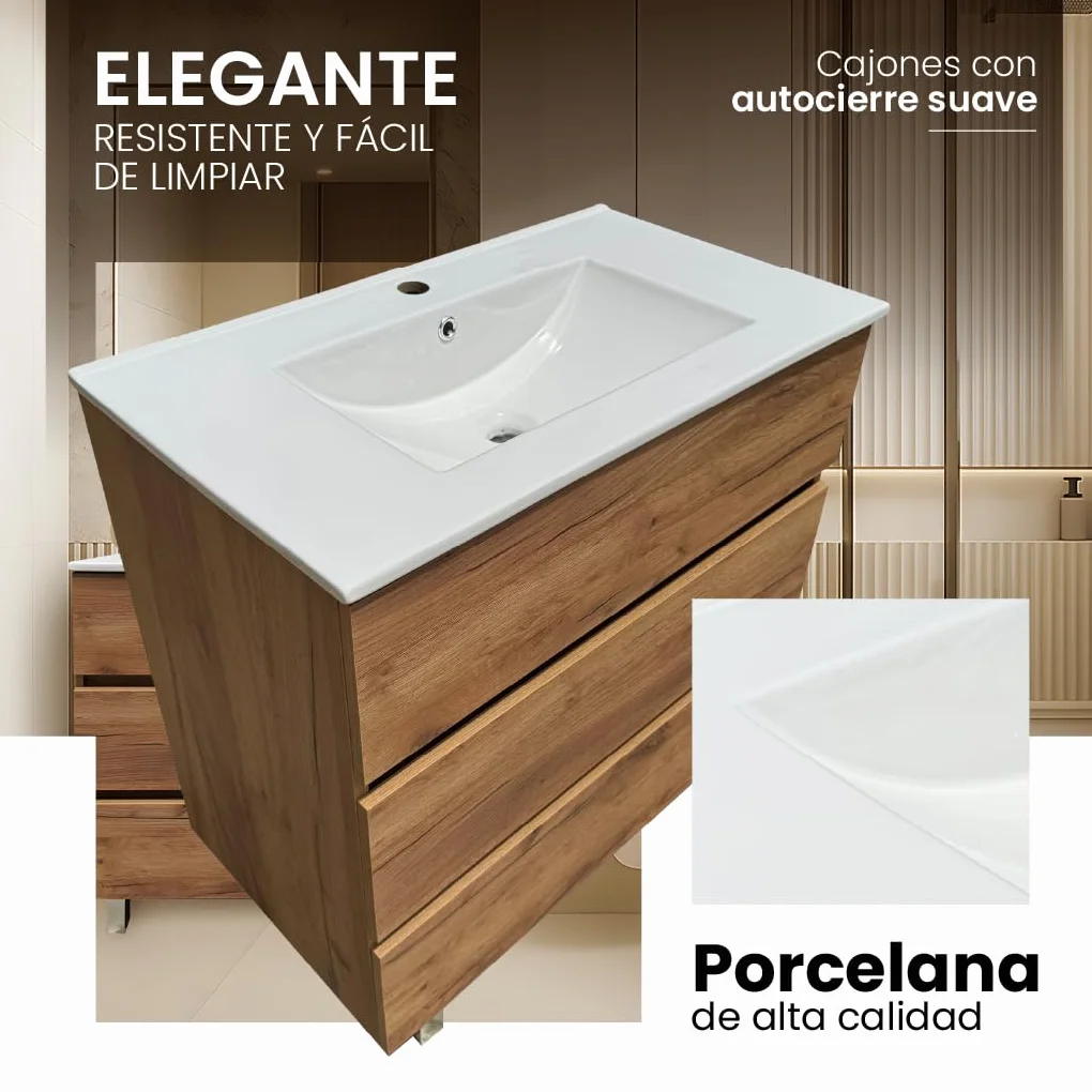 Mueble Baño con Lavabo 80 cm Compacto Preinstalado con Pie de Porcelana