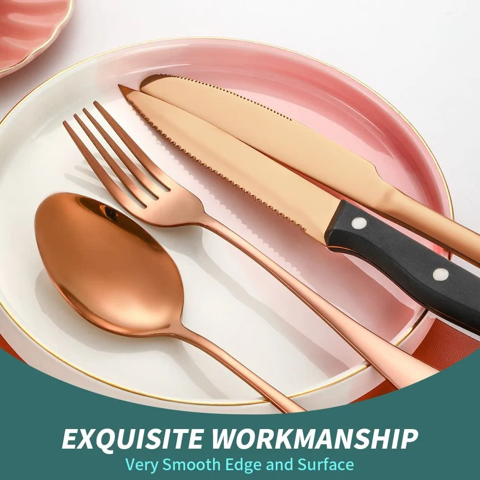 (24 piezas) Juego de cubiertos de cocina de acero inoxidable para 6, cuchillo de carne, tenedor, cucharaditas, comida occidental, postre, banquete, hotel, restaurante (oro rosa)
