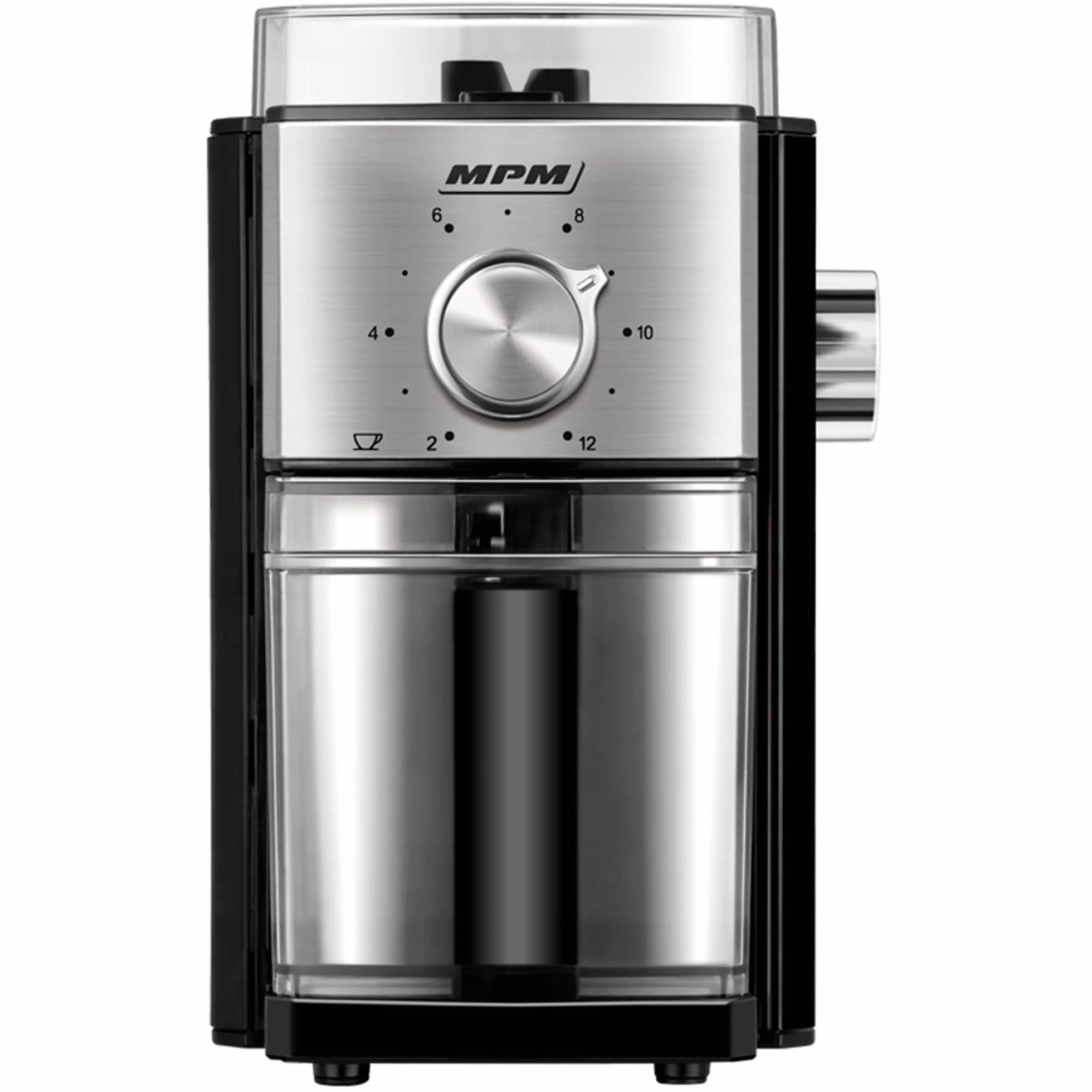 MPM MMK-08 Molinillo Café Profesional, Sistema de Muelas de Acero, 17 Ajustes de Molienda, 80 g/min de Café para Todo Tipo de Cafeteras, Selector de Cantidad 2 a 12 Tazas, Depósito 350g, 150W