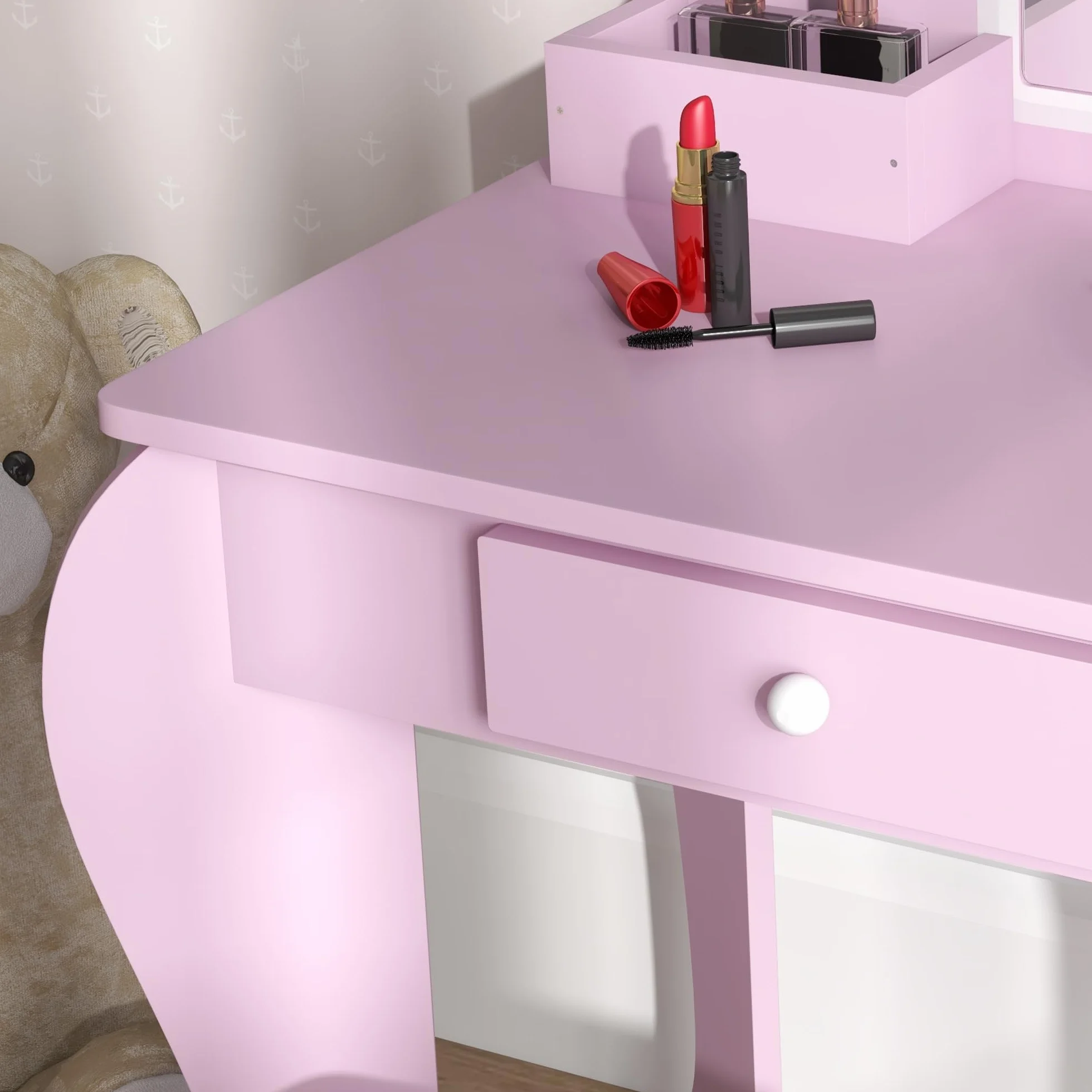 ZONEKIZ Tocador Infantil Mesa de Maquillaje con Taburete y Espejo para Niñas +3 Años Rosa