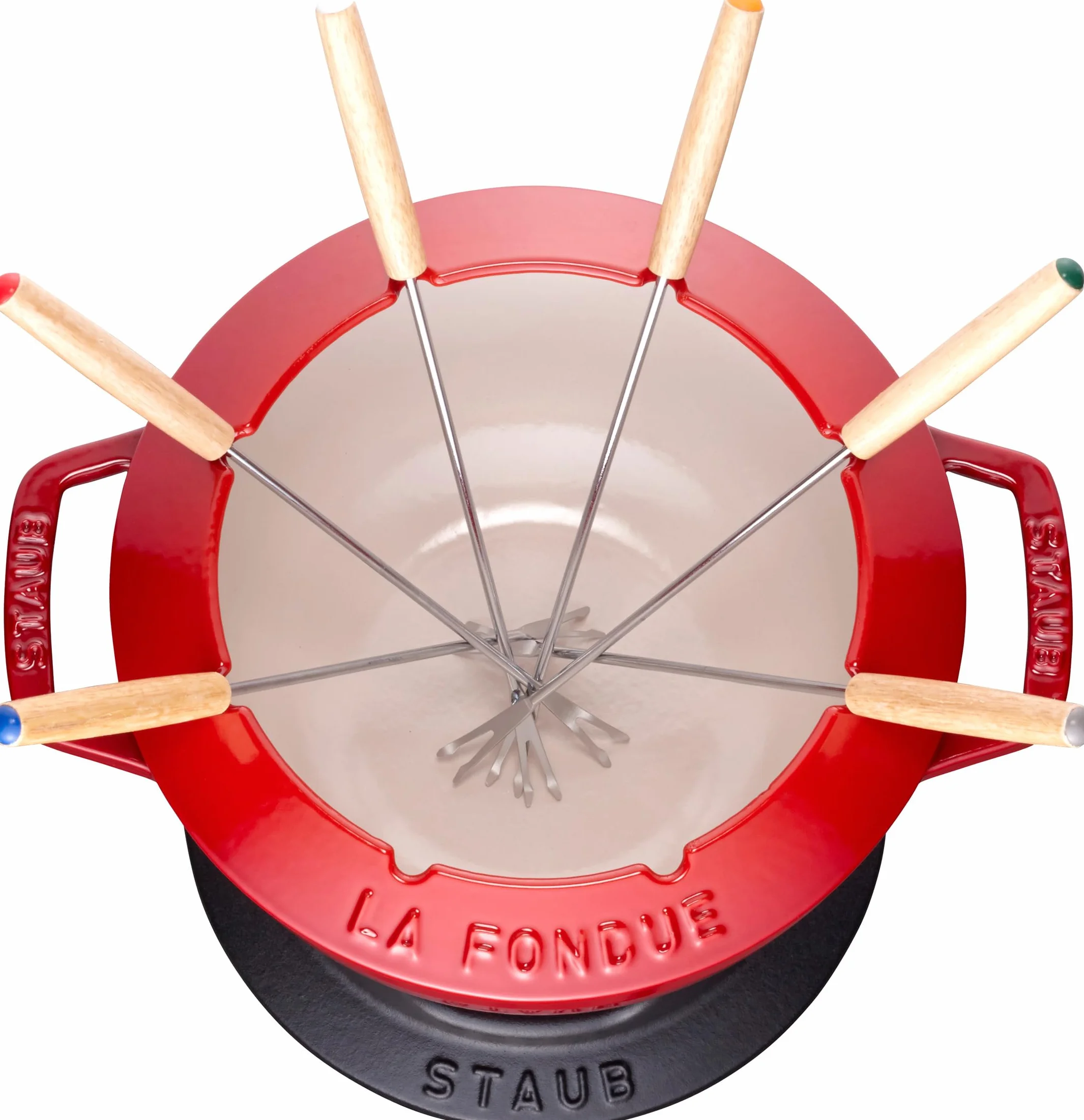 STAUB set de fondue con 6 tenedores, hierro fundido, 20 cm, 2,3 L, para fondue de queso, chocolate y carne, Made in France, rojo cereza