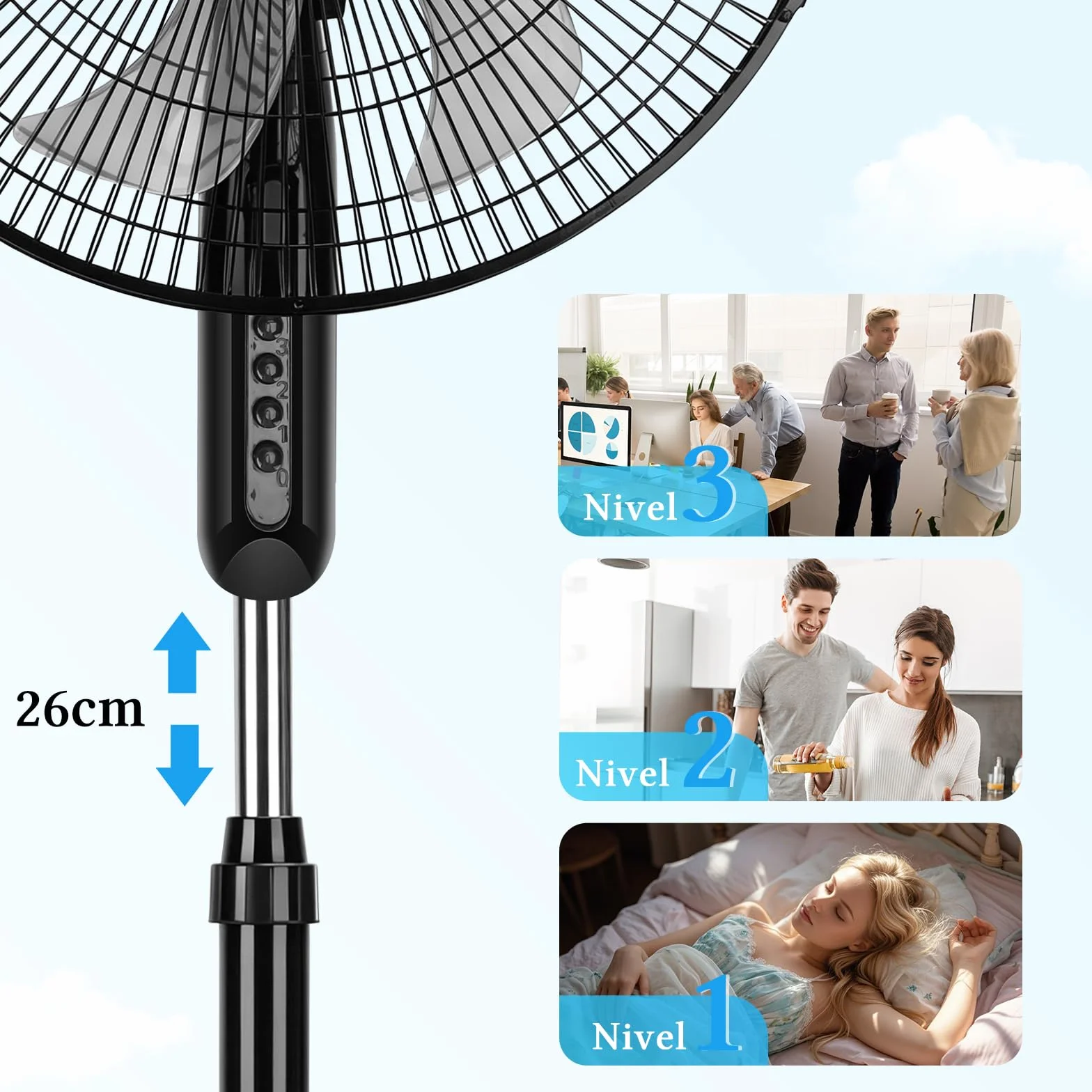 Taylor Swoden 7 Aspas Ventilador de pie Potente, 3 Velocidades, 50W Ventiladores, Altura Regulable, Oscilante, Rejilla de Seguridad, Base Estable, Negro, 43x40x120cm, *2