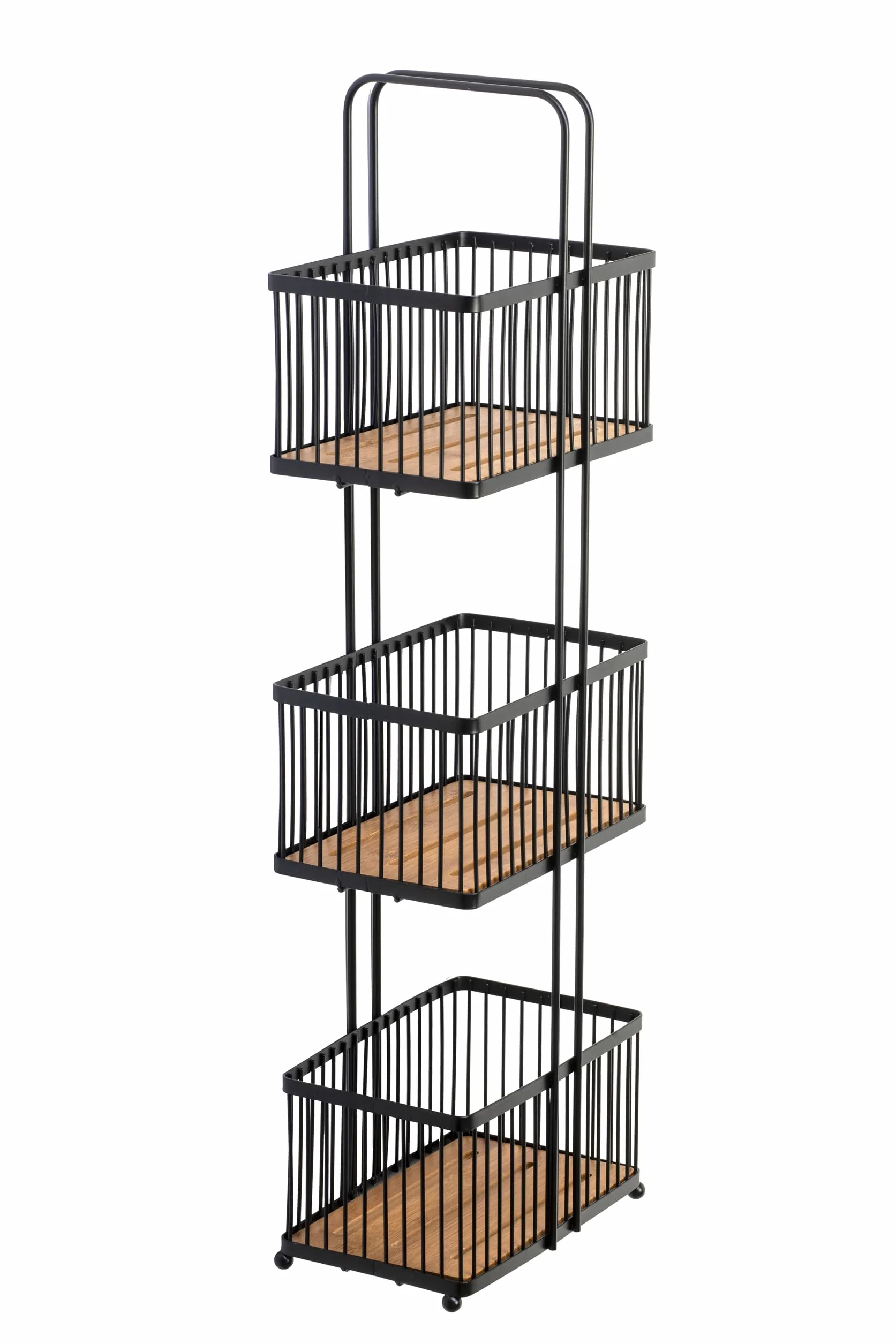 Croydex Organizador de almacenamiento de tres niveles, color negro y bambú, estantes de almacenamiento de baño independientes, cestas profundas, 22 pulgadas de profundidad x 15 pulgadas de ancho x 726 | Cesta de baño independiente | Cestas de alambre prof
