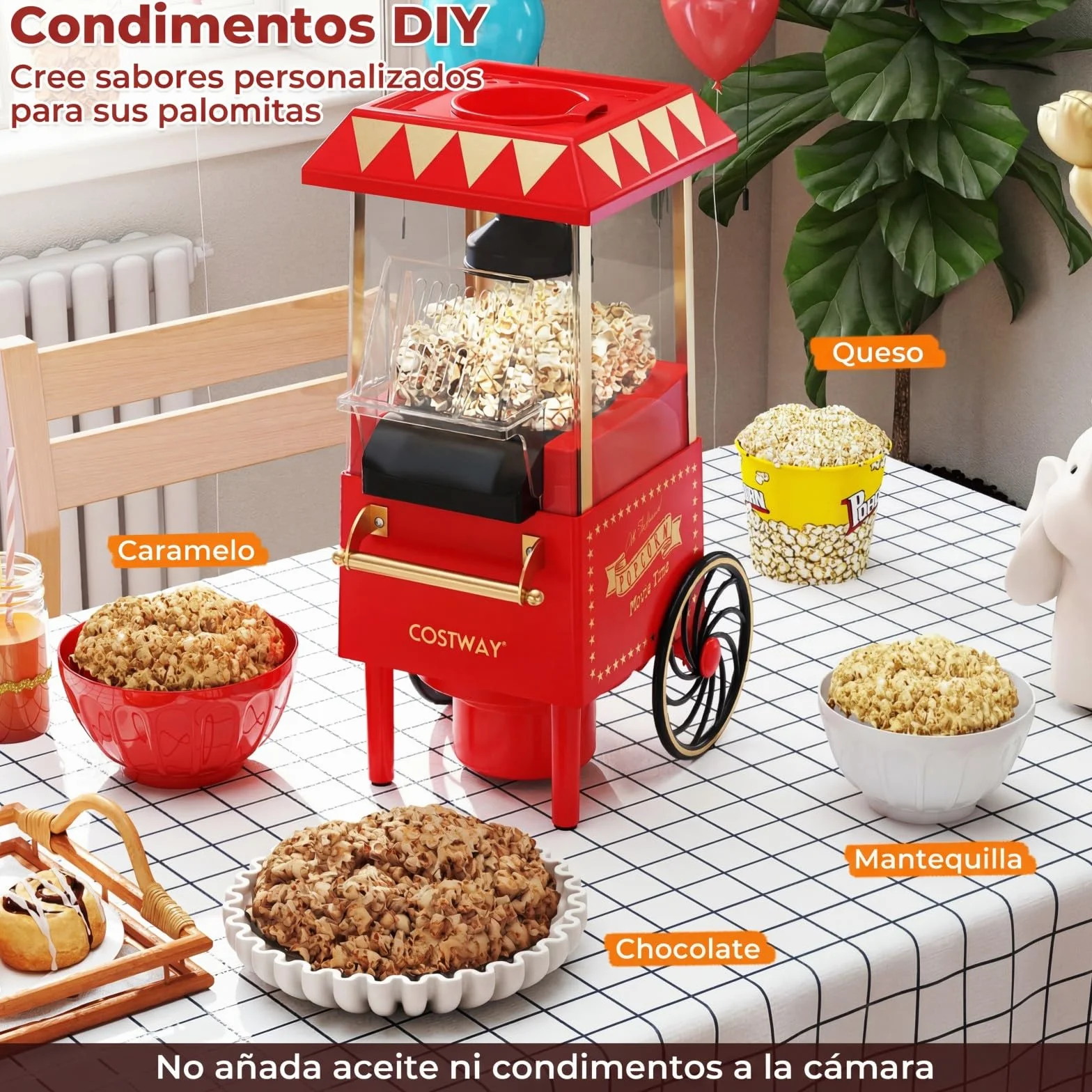 COSTWAY 1200 W Palomitero Eléctrico de Aire Caliente, Máquina de Palomitas Maíz sin Aceite ni Grasas, 12 Tazas con Vaso Medidor, Palomitera Retra de Sobremesa para Hogar, Cine, Fiesta