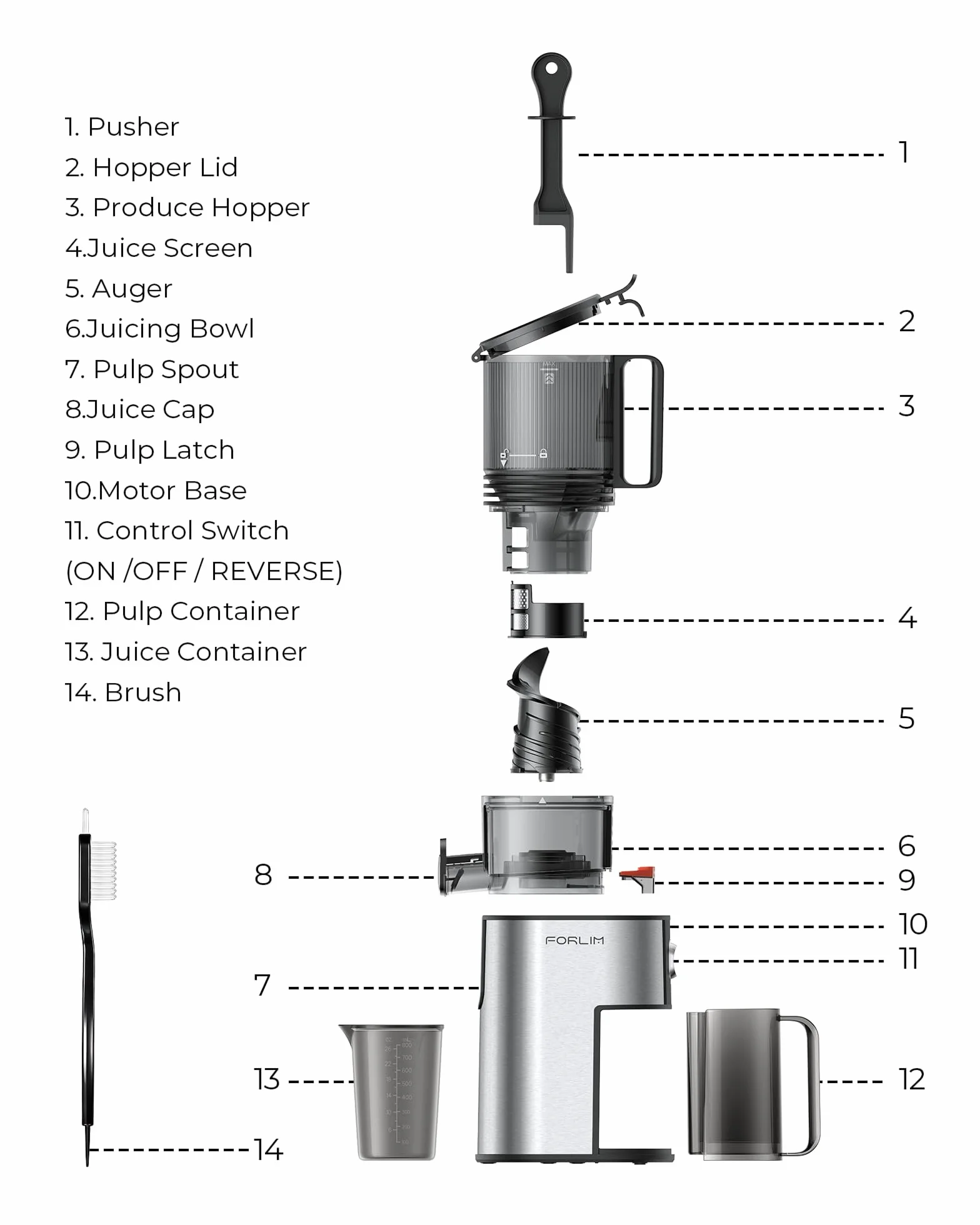 FORLIM Extractor de Zumos y Verduras, 130mm Boca Grande Autoalimentada, 250W Automático Lento Masticador con 1,7L Tolva, Alto Rendimiento, Fácil Limpieza, Plata Clásica