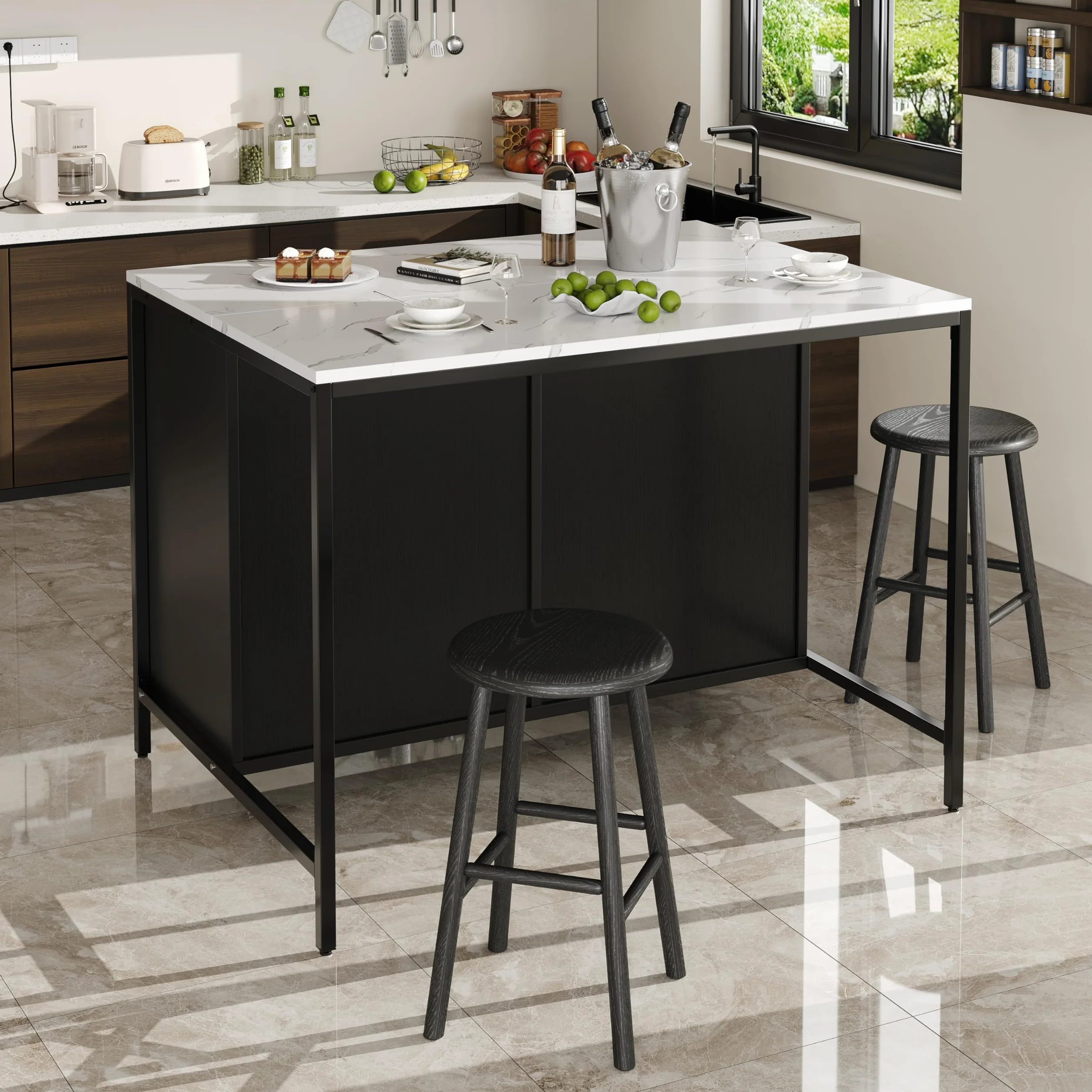 Isla de cocina, armario de cocina con 2 cajones, mesa de desayuno, bar, isla de cocina con estantes, isla de cocina, isla de cocina con encimeras de mármol, 100 x 90 x 90 cm, patas ajustables