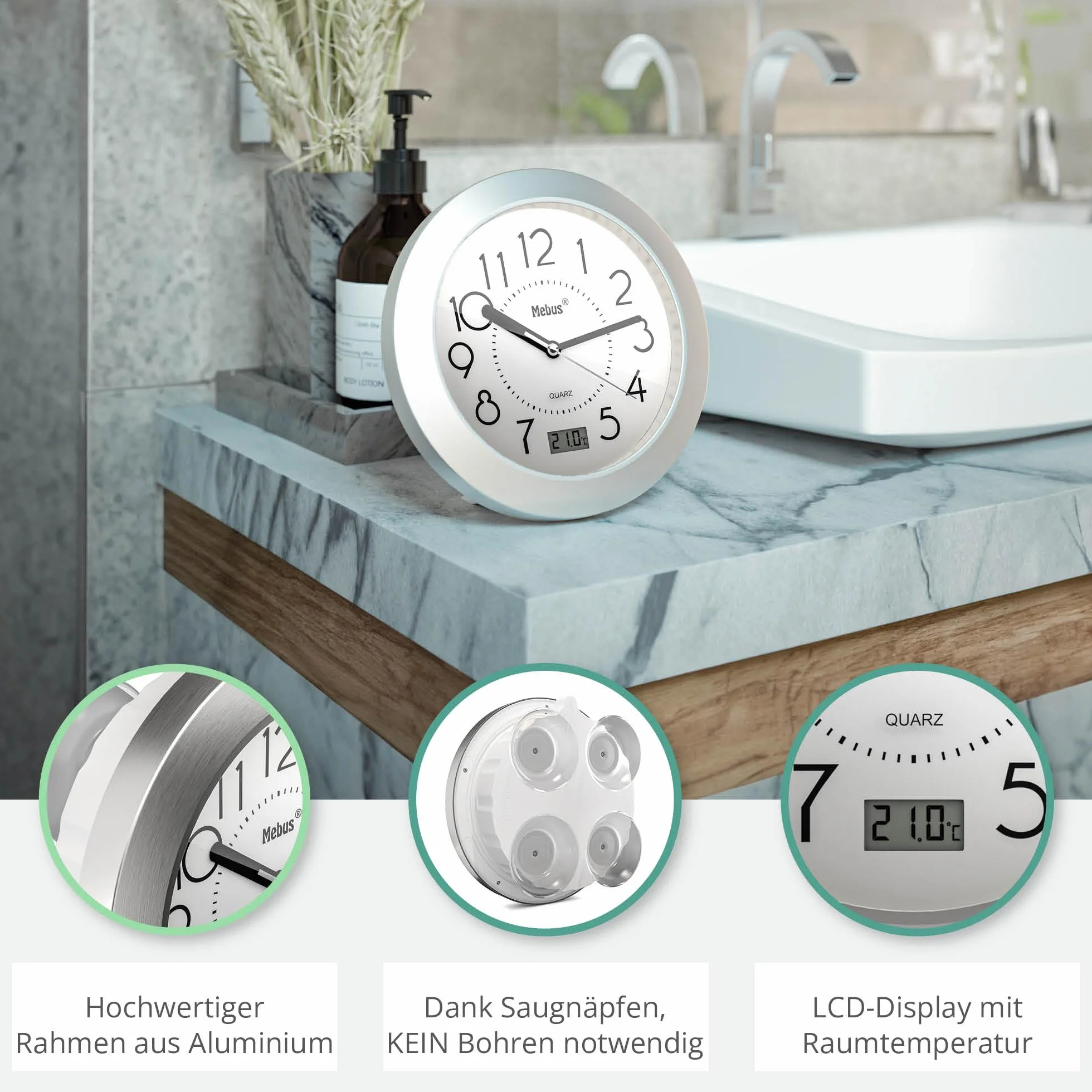 Reloj de baño de Cuarzo con Pantalla Digital, Marco de Aluminio, Blanco