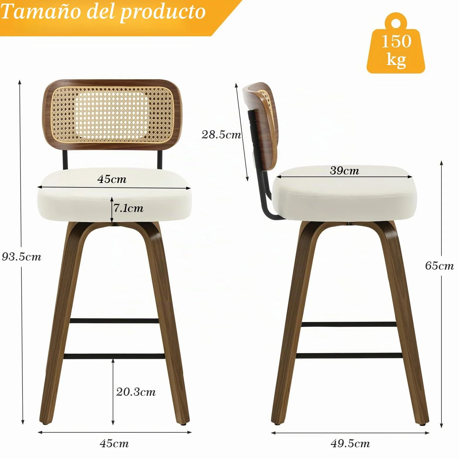 Bekrvio Juego de 2 taburetes giratorios de bar, altura de asiento 65 cm, con respaldo, tapizados en cuero PU y patas de madera de nogal, taburete de mostrador de estilo mid-century con reposapiés de