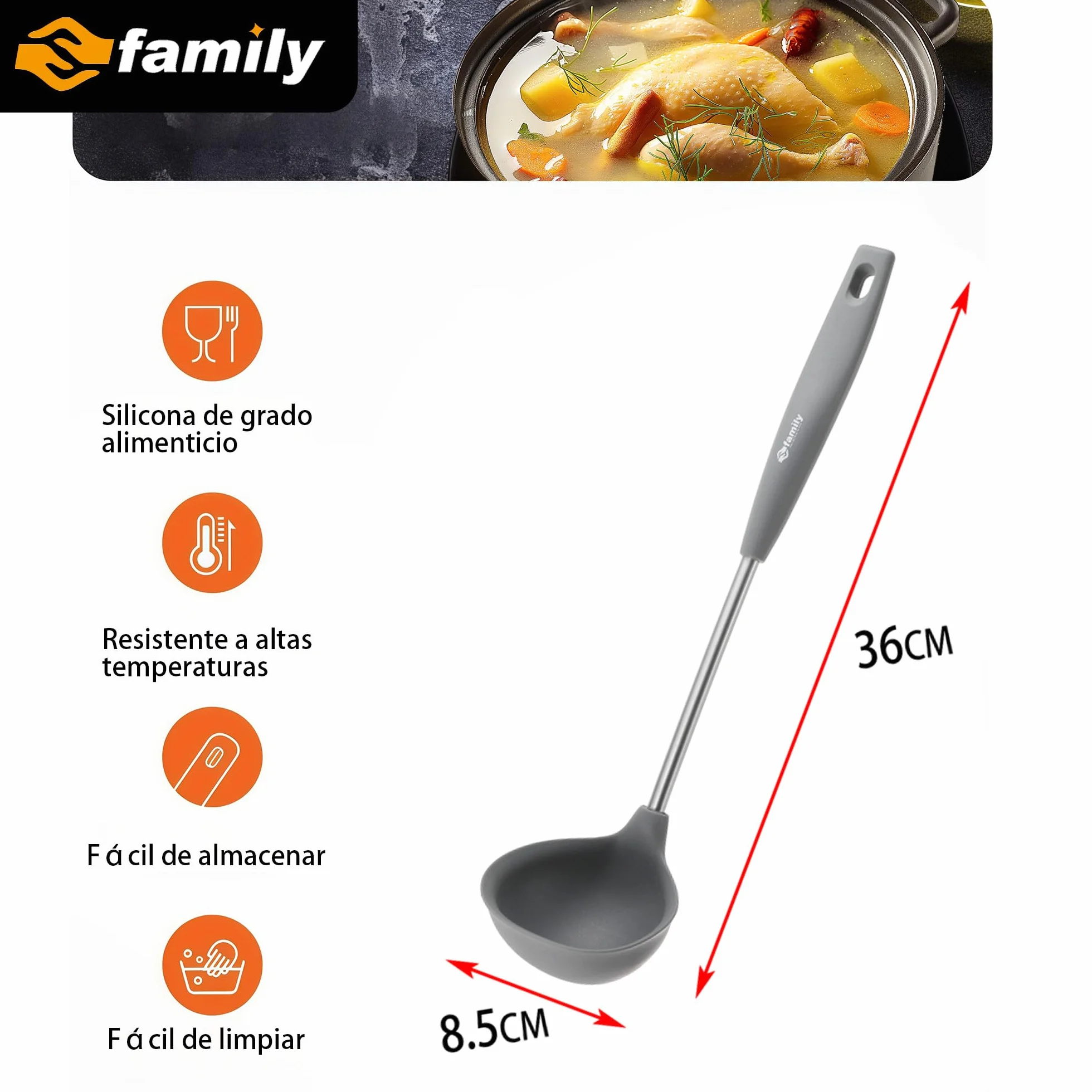 Espumadera de Silicona para Cocina 37.5x11cm, Mango Ergonómico de Acero Inoxidable, Resistente al Calor y Antiadherente