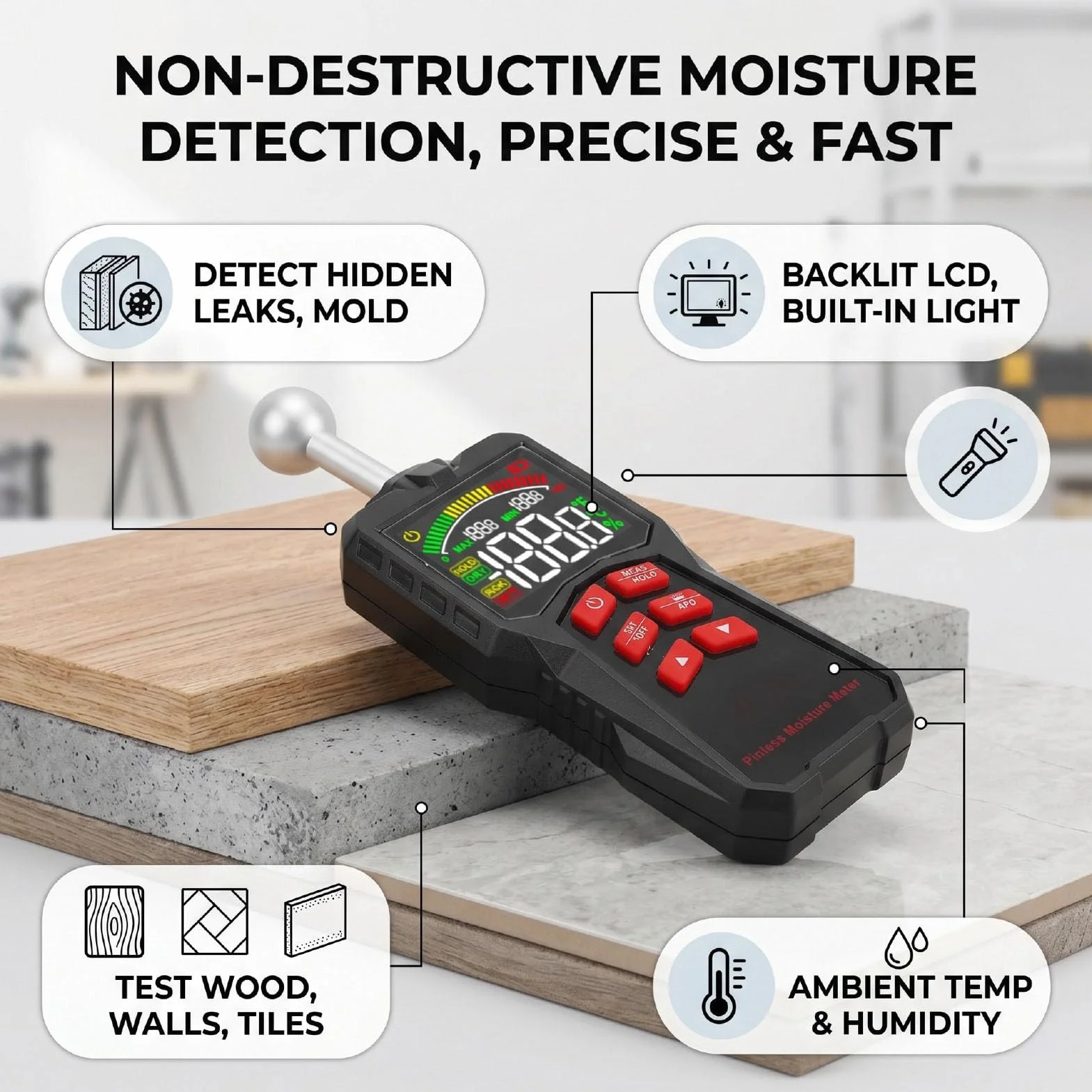 Generic Medidor de Humedad Higrómetro de Pared de Madera Detección Capacitiva Avanzada para Gabinetes Áticos RVs y Campistas Sonda de 58 Mm