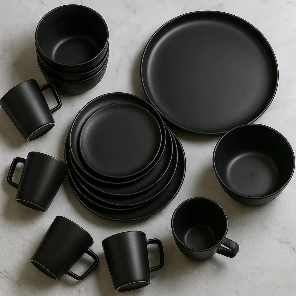 Juego de 16 platos y cuencos para 6 a 8 años, vajilla minimalista duradera de porcelana de hueso de la familia británica para microondas y lavavajillas, vajilla clásica multiusos con 8 platos, 4 tazas