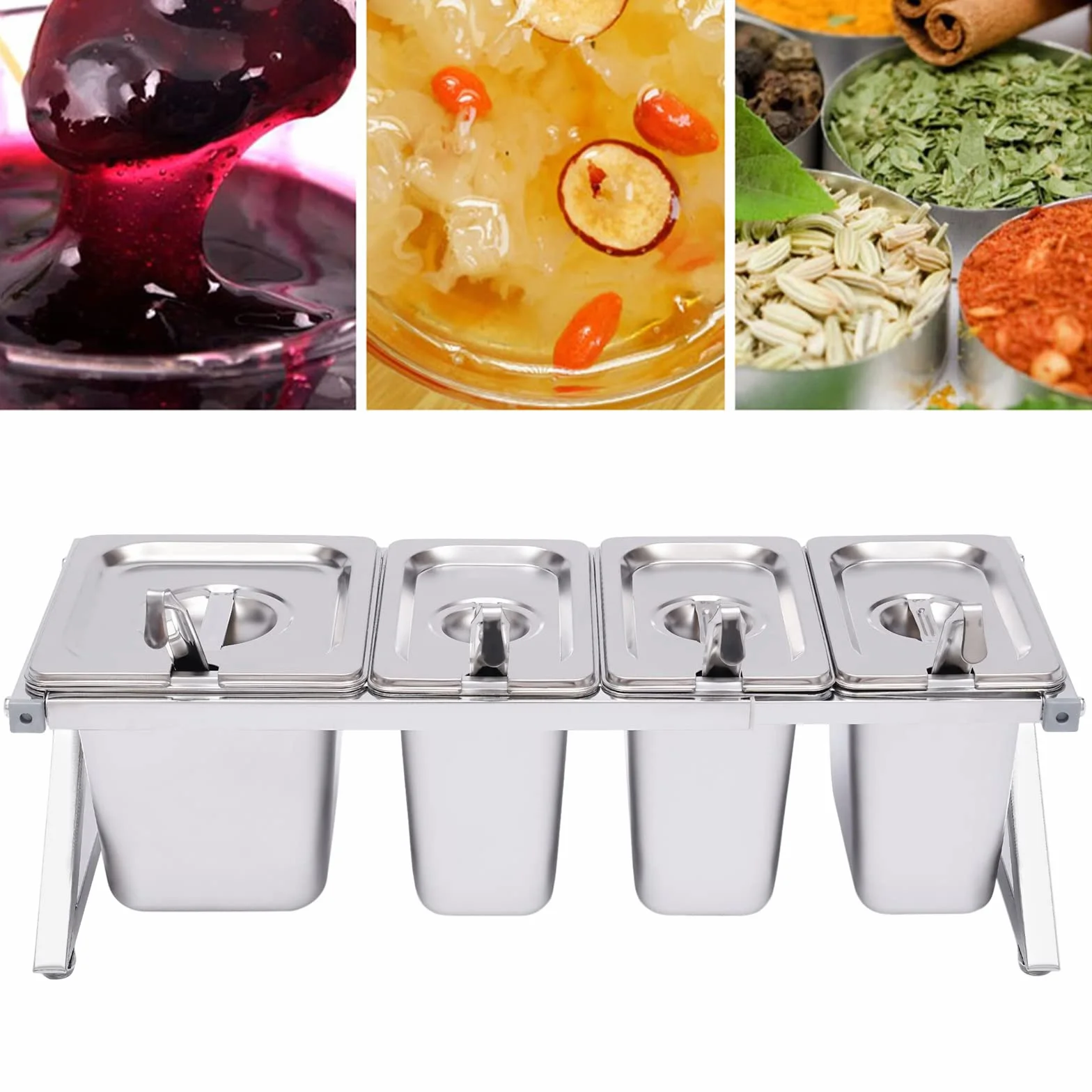 Estante de especias expandible, acero inoxidable con tapa, pies antideslizantes, dispensador de especias de 3 1/9, sartén de 1 1/6, 4 cucharas medidoras para almacenamiento de cocina