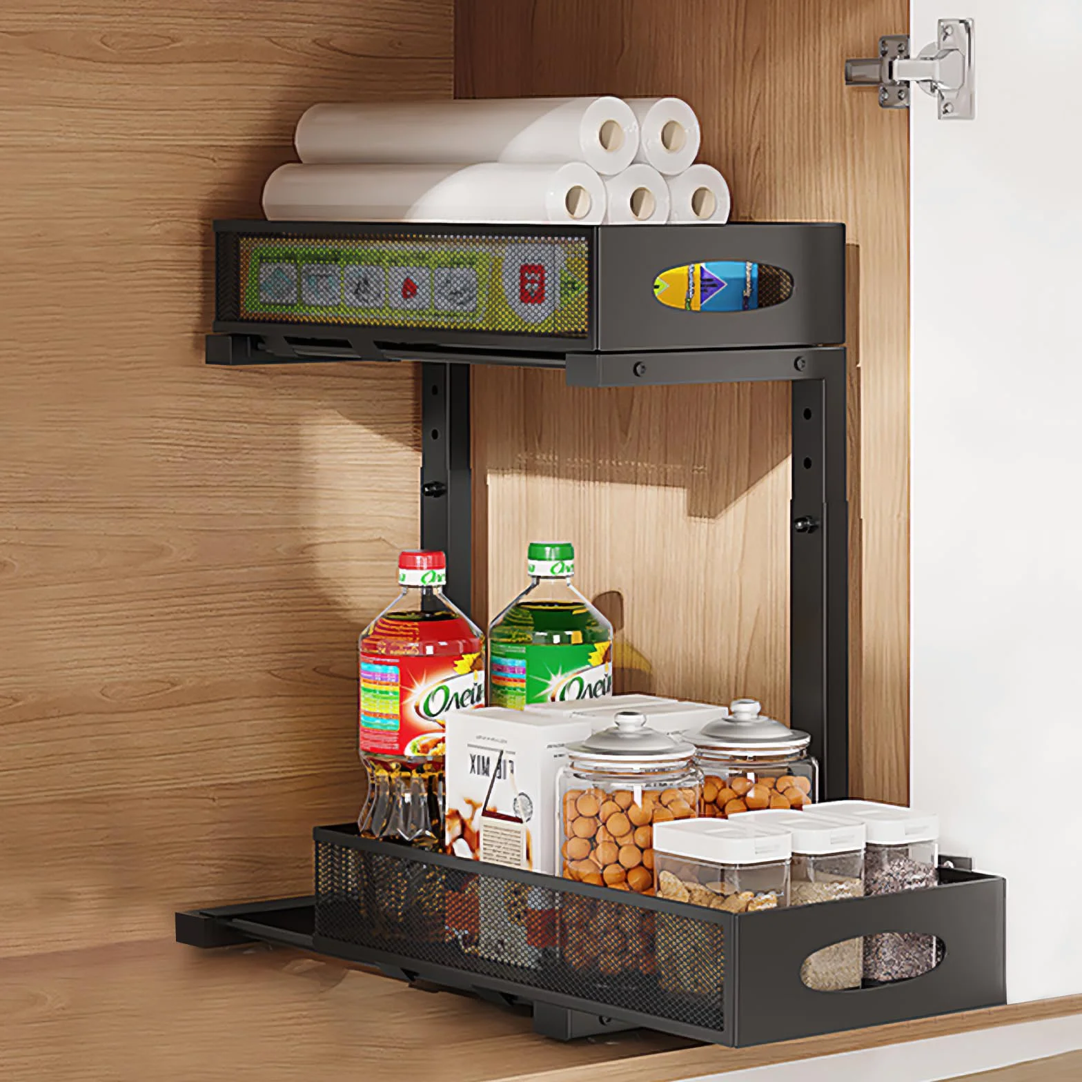 Organizador Bajo Fregadero Extraíble Ajustable 5 Niveles - Estantería de Acero Carbono para Cocina/Baño (29.5-43cm), 2 Capas Deslizantes, Almacenamiento Esquina/Lavabo