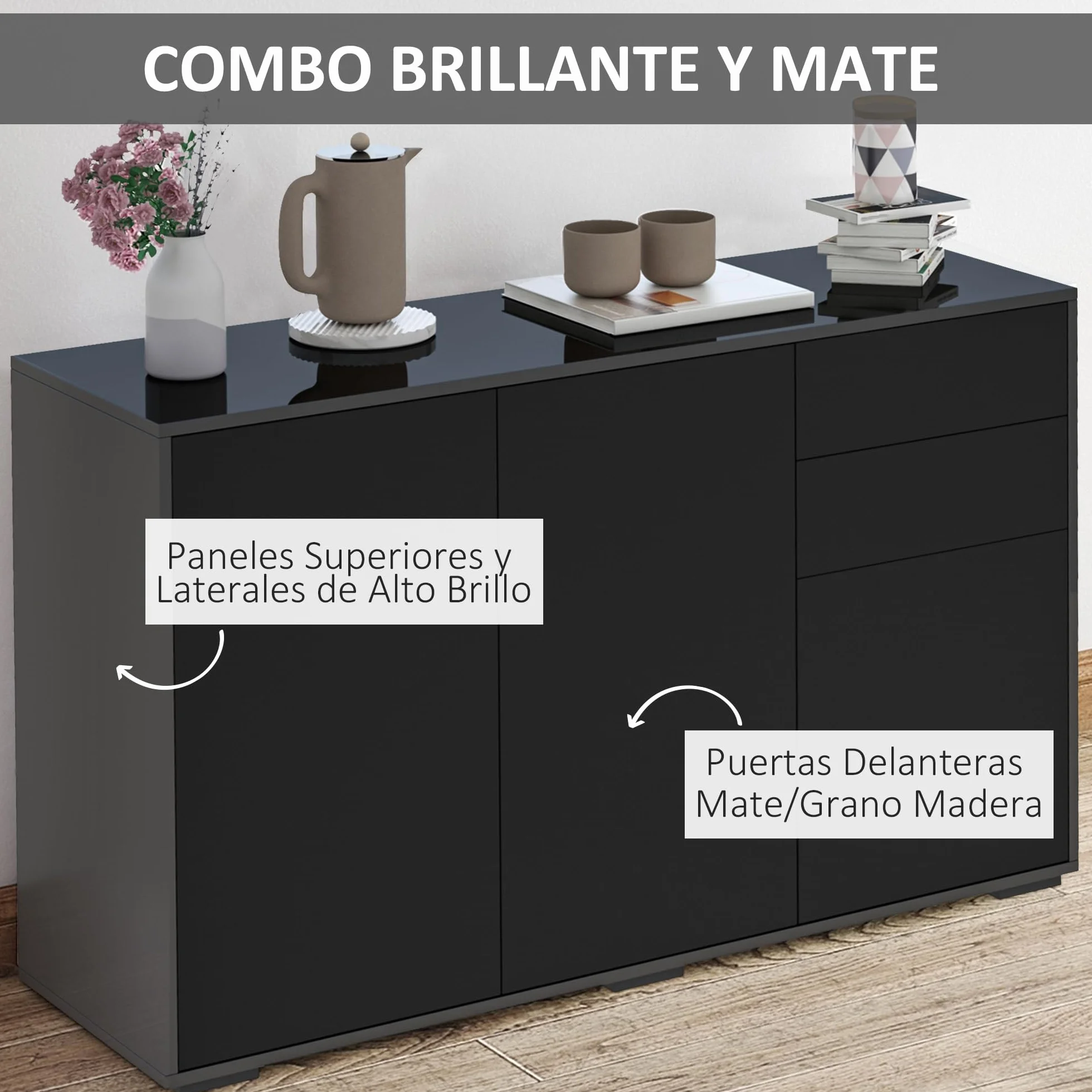 HOMCOM Aparador para Salón Aparador de Entrada con 3 Puertas 2 Cajones y Estante Ajustable Armario de Almacenamiento para Cocina Sala 117x36x74 cm Negro