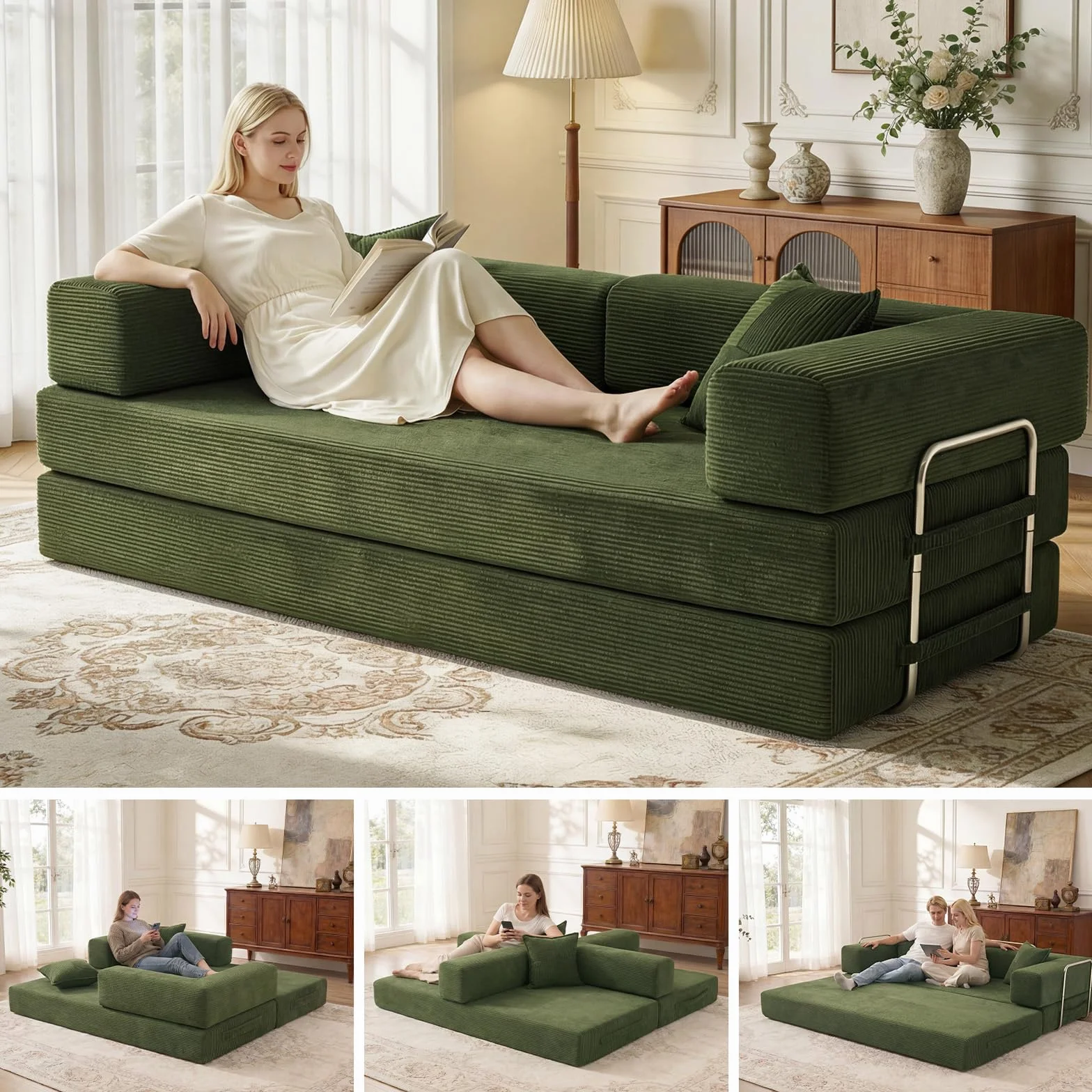 Vipbear 200cm Sofá Cama, Modular Desmontable Plegable 5 en 1,Confeccionado en Pana, Sofá Cama 3 Plazas Ideal para Espacios Reducidos, Verde | Convertible
