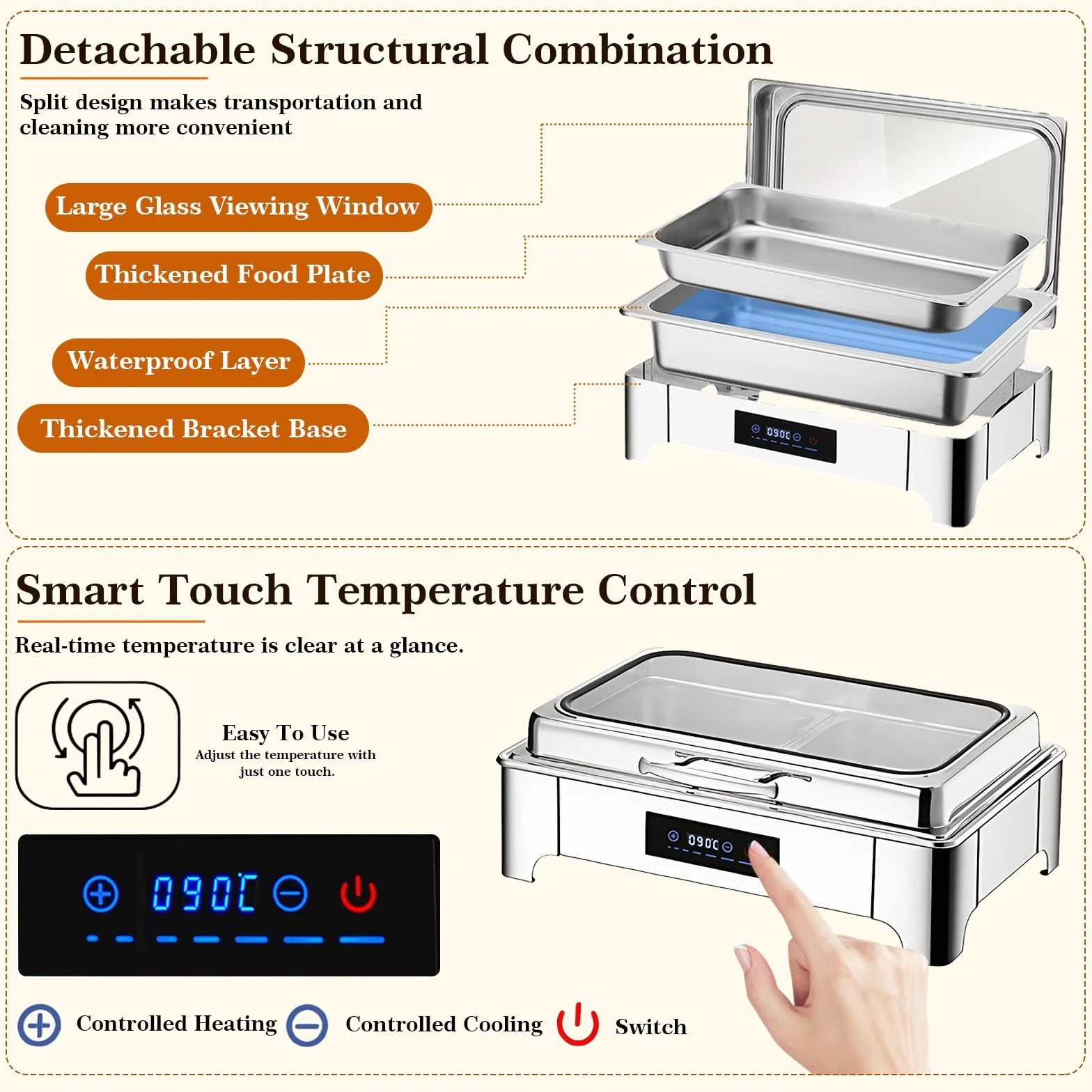 Chafing Dish Electrico, 9L Calentador de Comida Electrico para Buffet Temperatura Regulable, Chafing Dish Buffet con Tapa Transparente Acero Inoxidable(B, 1/3 Pan)