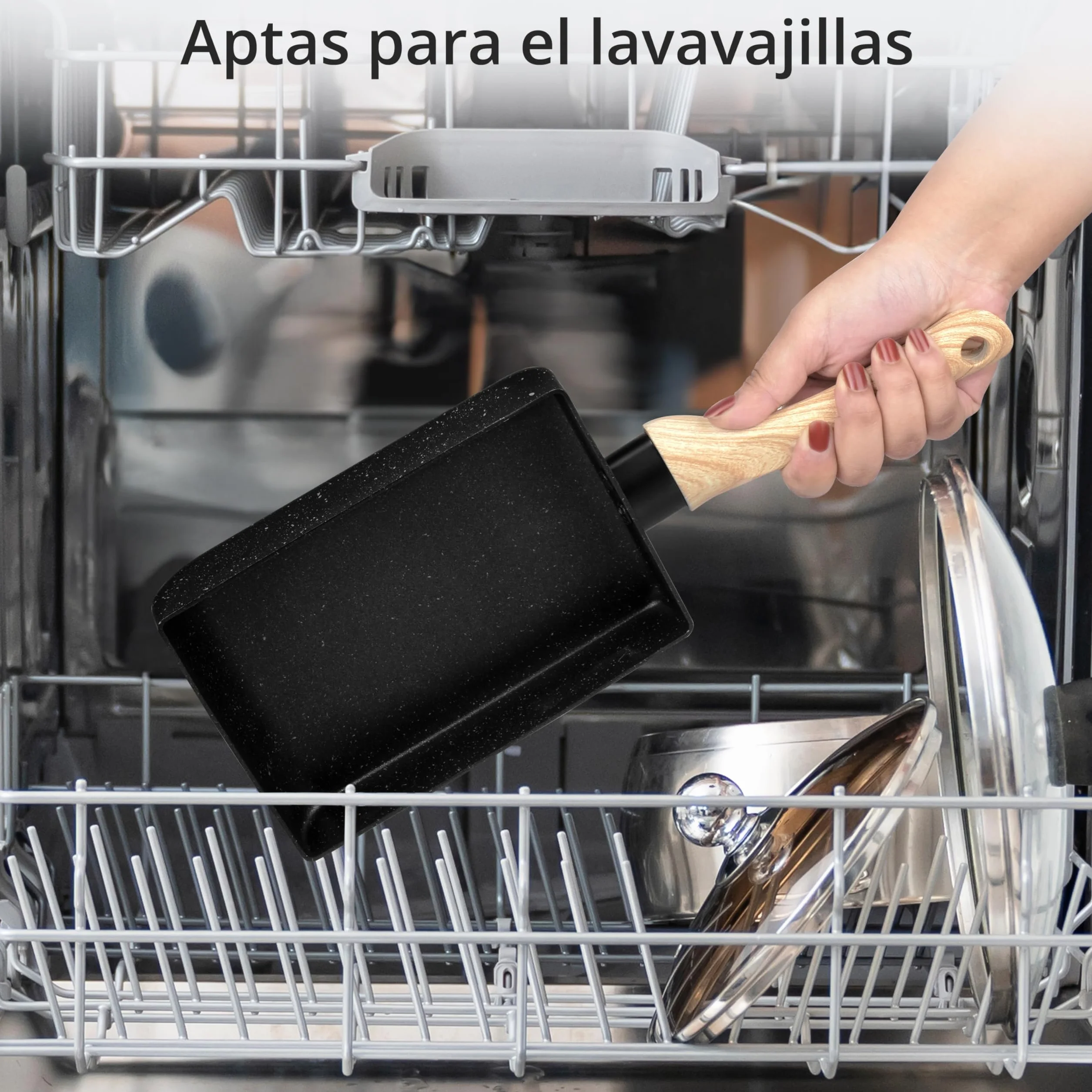 Winter Shore Juego de Sartén Tortilla Japonesa - Sarten Antiadherente Rectangular para Tamagoyaki con Mango de Madera - Incluye Plato, Cepillo para Aceite, Espátula, Palillos - Utensilios de Cocina