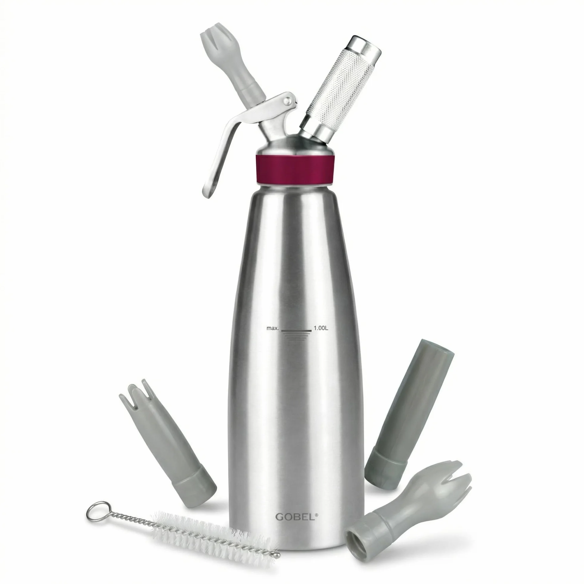 GOBEL - Sifón para la cocina profesional de acero inoxidable - Sifón para montar nata con recipiente y cabezal de acero inoxidable - 1 litro - Calidad profesional (cumple la norma NF D21-901)
