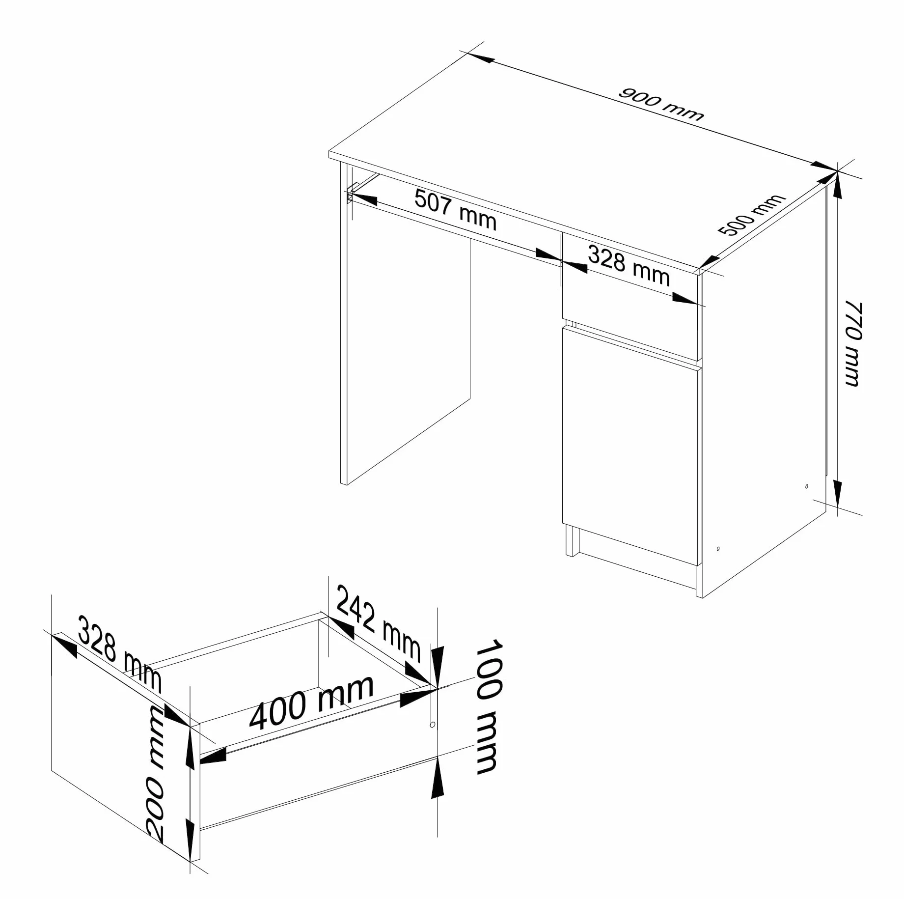 AKORD | Escritorio con Estante para Teclado | Escritorio de Oficina | Cajón y Contenedor en el Lado Derecho | para Computadora PC Portátil | 90x77x50 cm | 30 kg Wengé